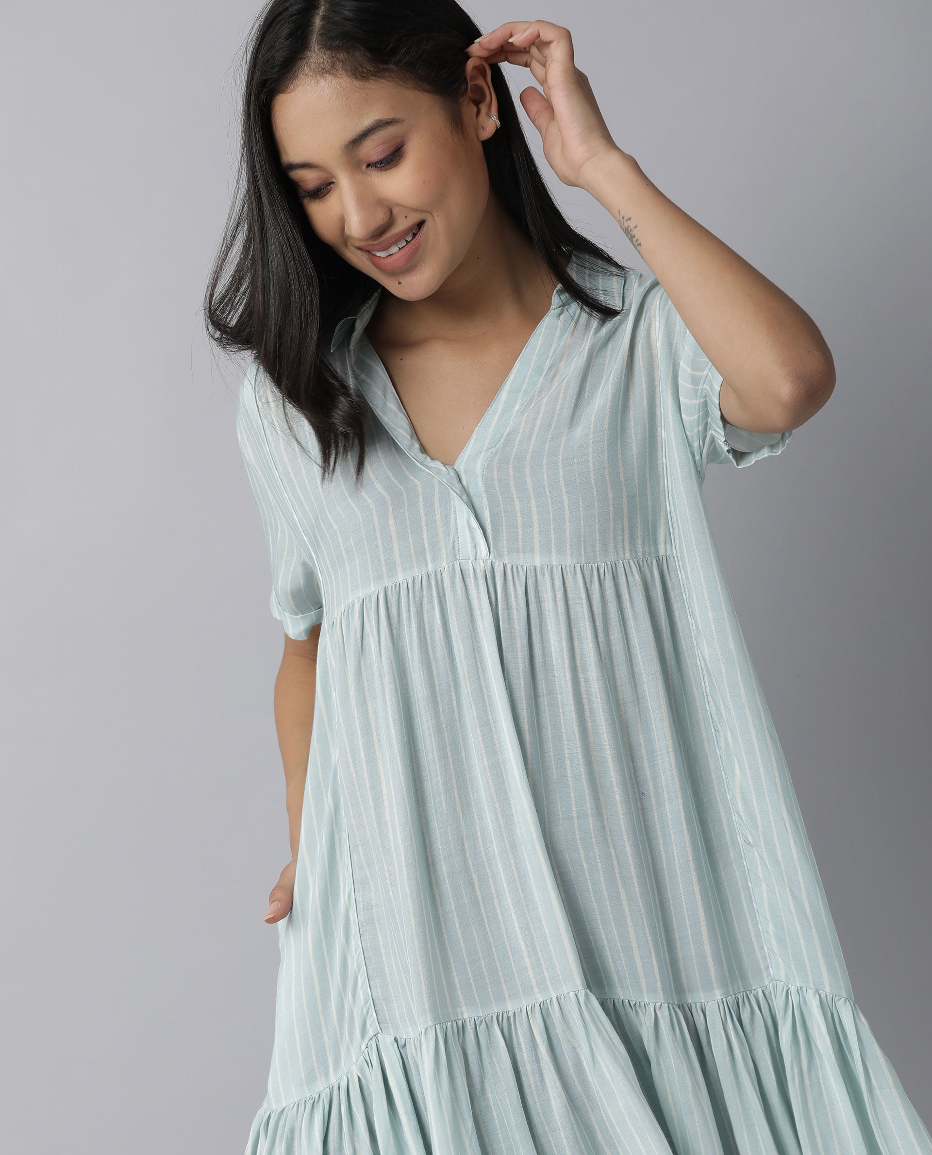 Rareism Women Simmer Blue Dress Short Sleeves Printed