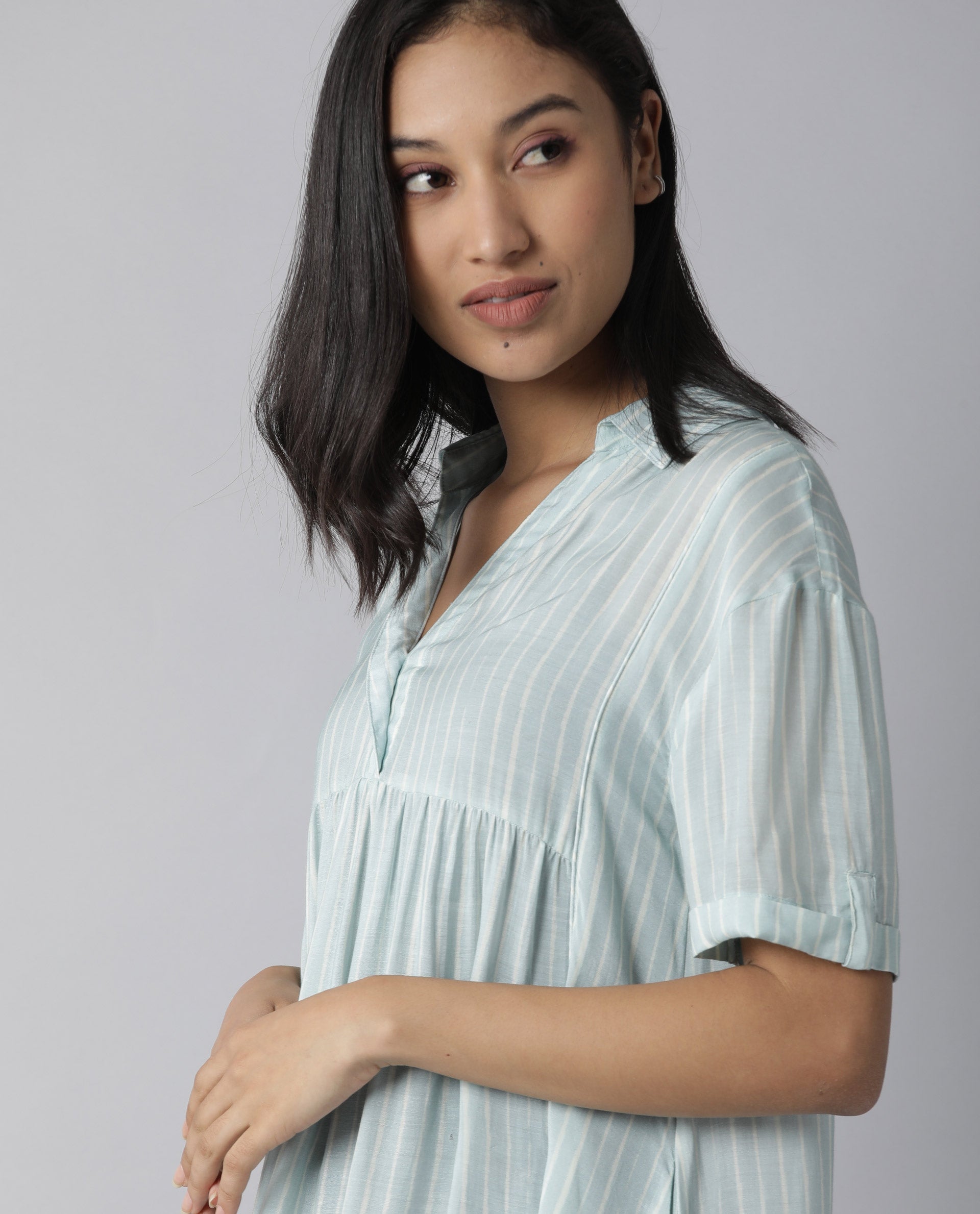 Rareism Women Simmer Blue Dress Short Sleeves Printed