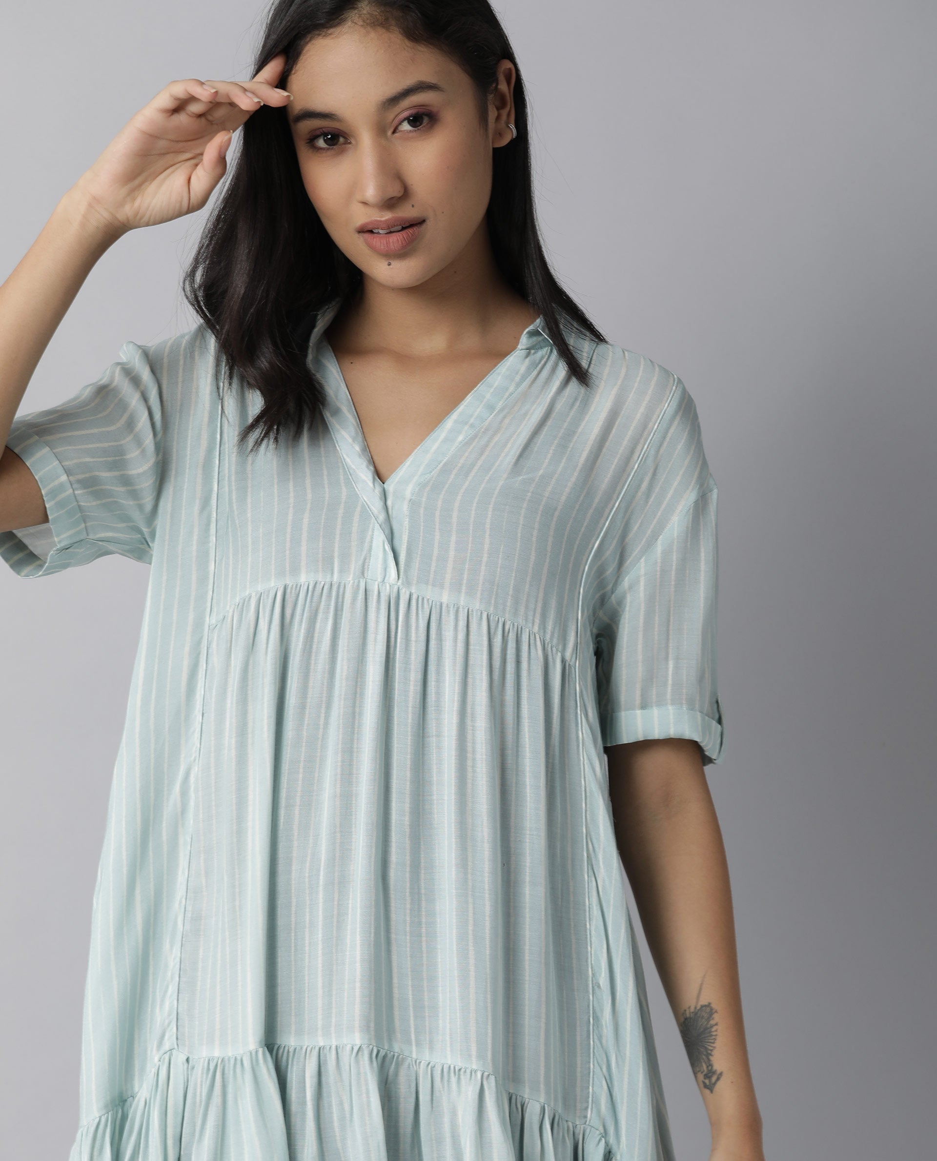 Rareism Women Simmer Blue Dress Short Sleeves Printed