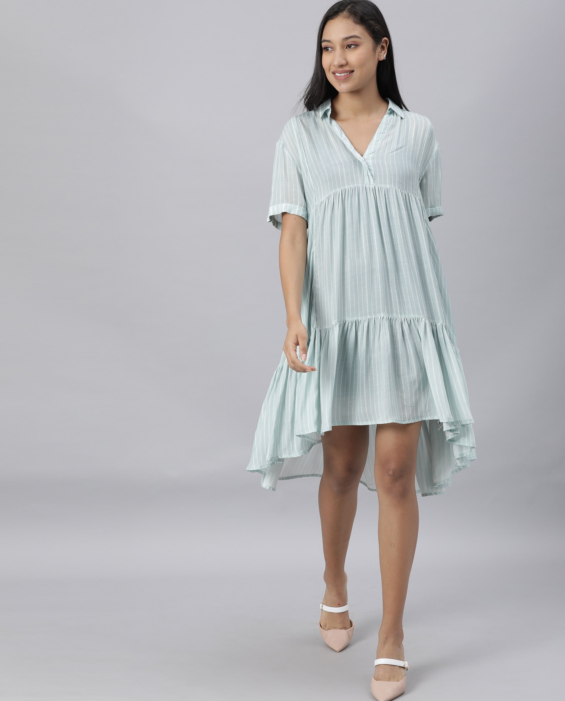 Rareism Women Simmer Blue Dress Short Sleeves Printed