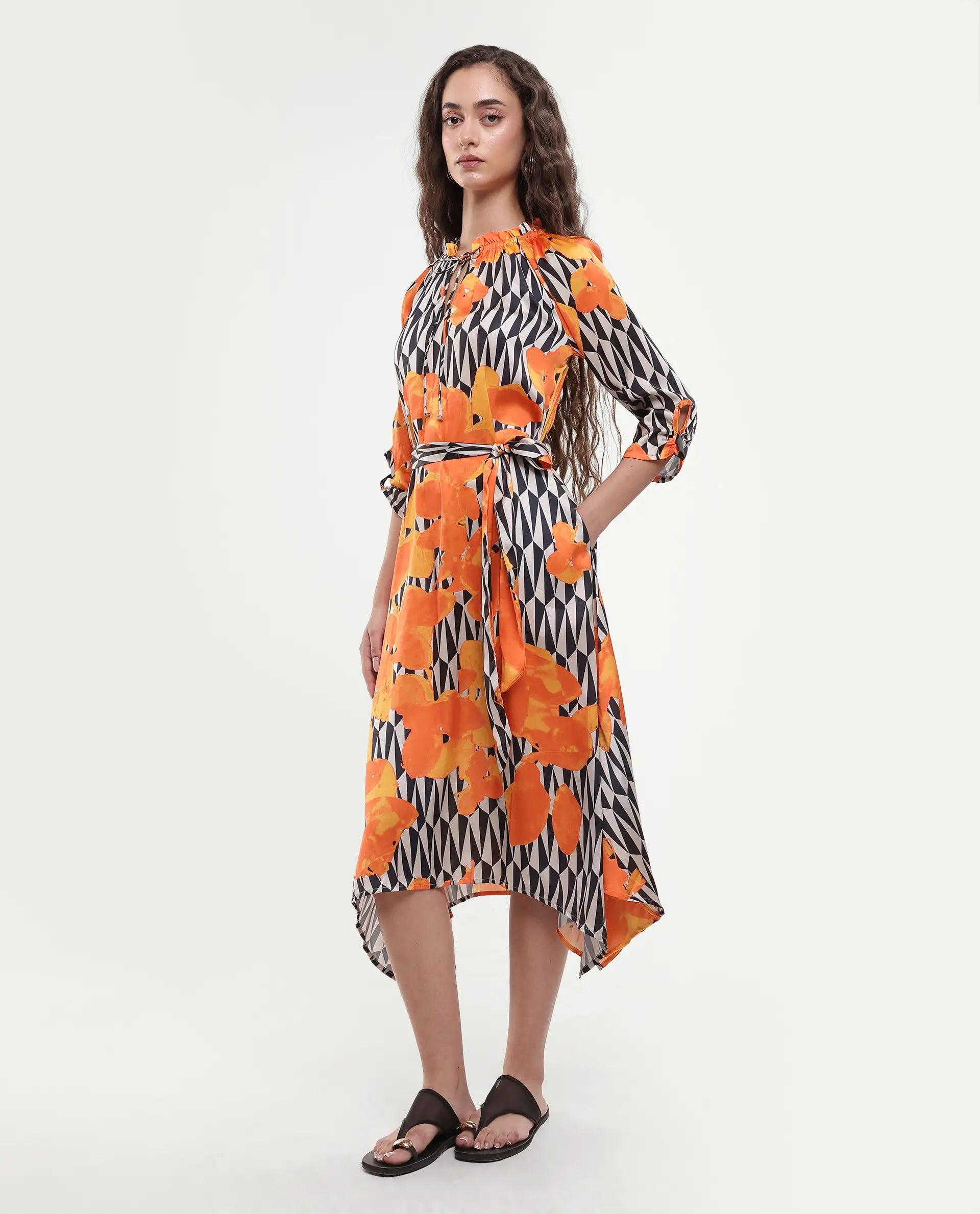 Rareism Women's Sings Black Polyester Tie-Up Neck Abstract Print Raglan Sleeve Knee Length Relaxed Fit Dress