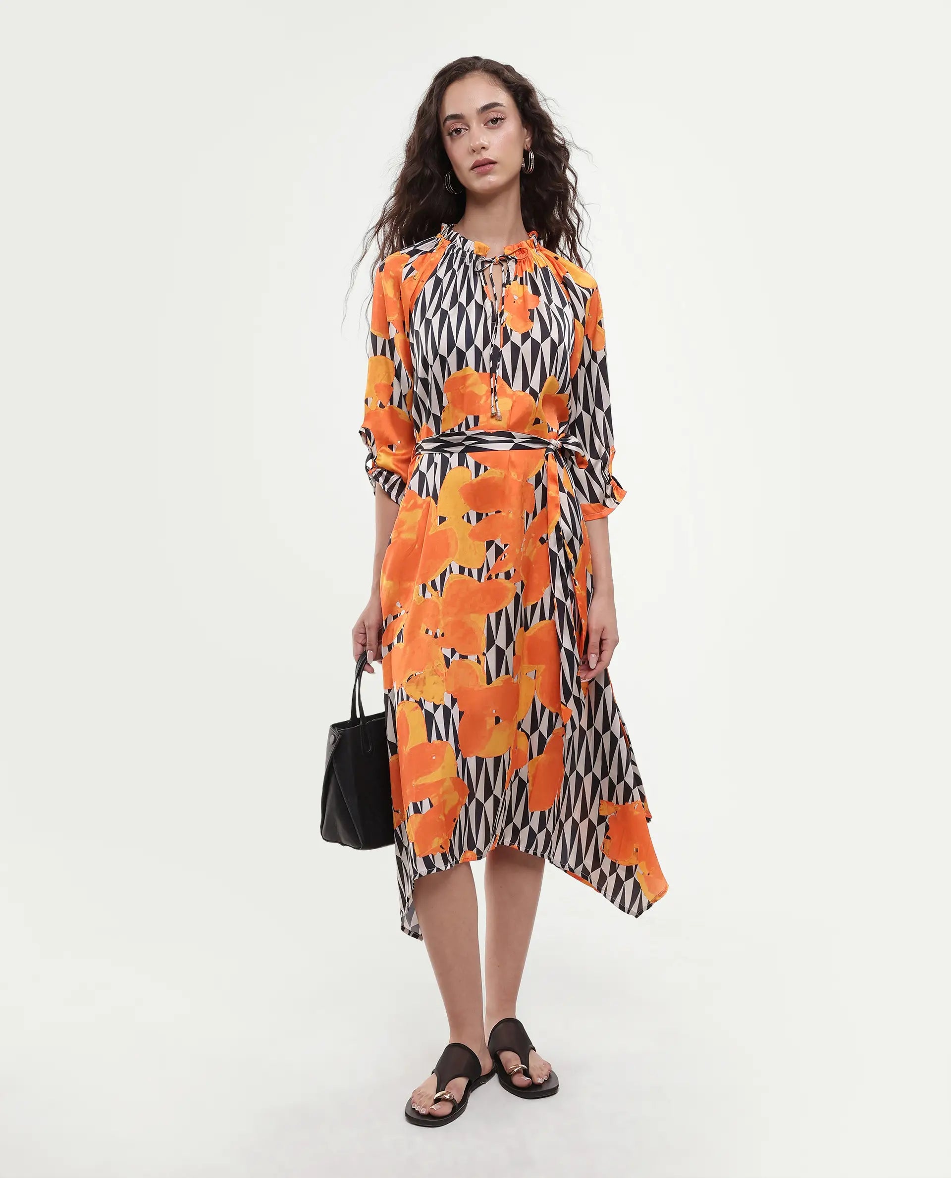 Rareism Women's Sings Black Polyester Tie-Up Neck Abstract Print Raglan Sleeve Knee Length Relaxed Fit Dress