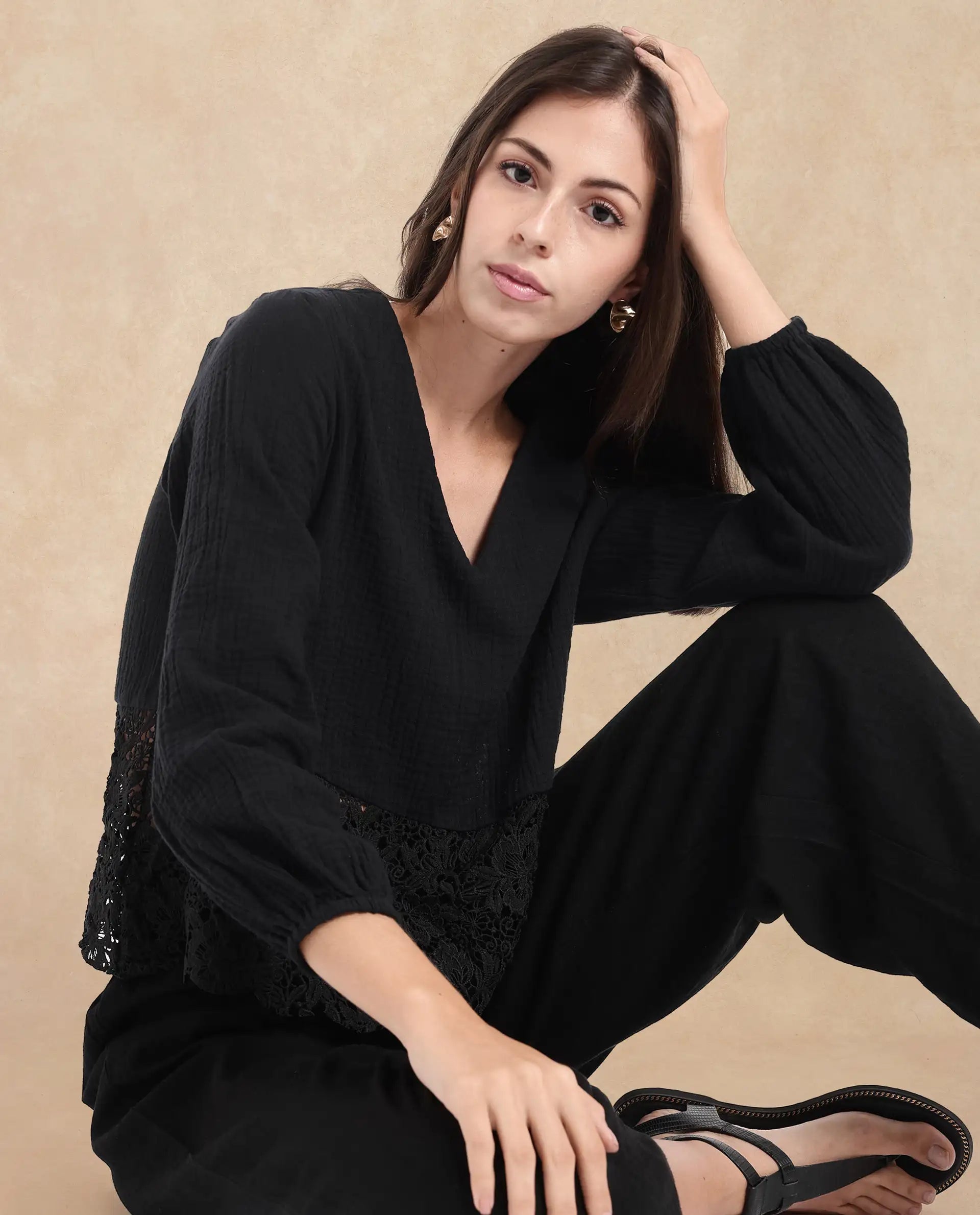 Rareism Women Sinloa Black Bishop Sleeve V-Neck Plain Top