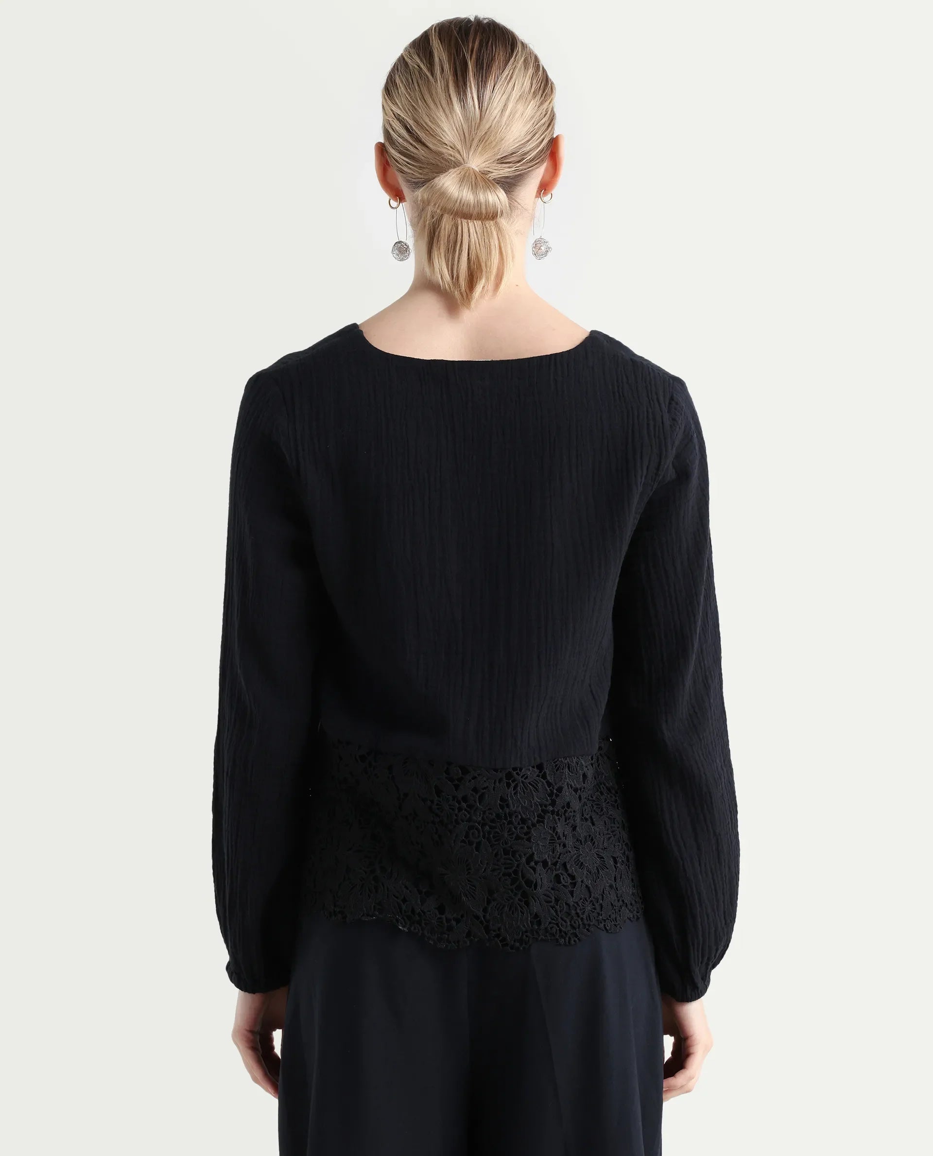 Rareism Women's Sinloa Black Cotton Blend V-Neck Plain Bishop Sleeve Regular Fit Top