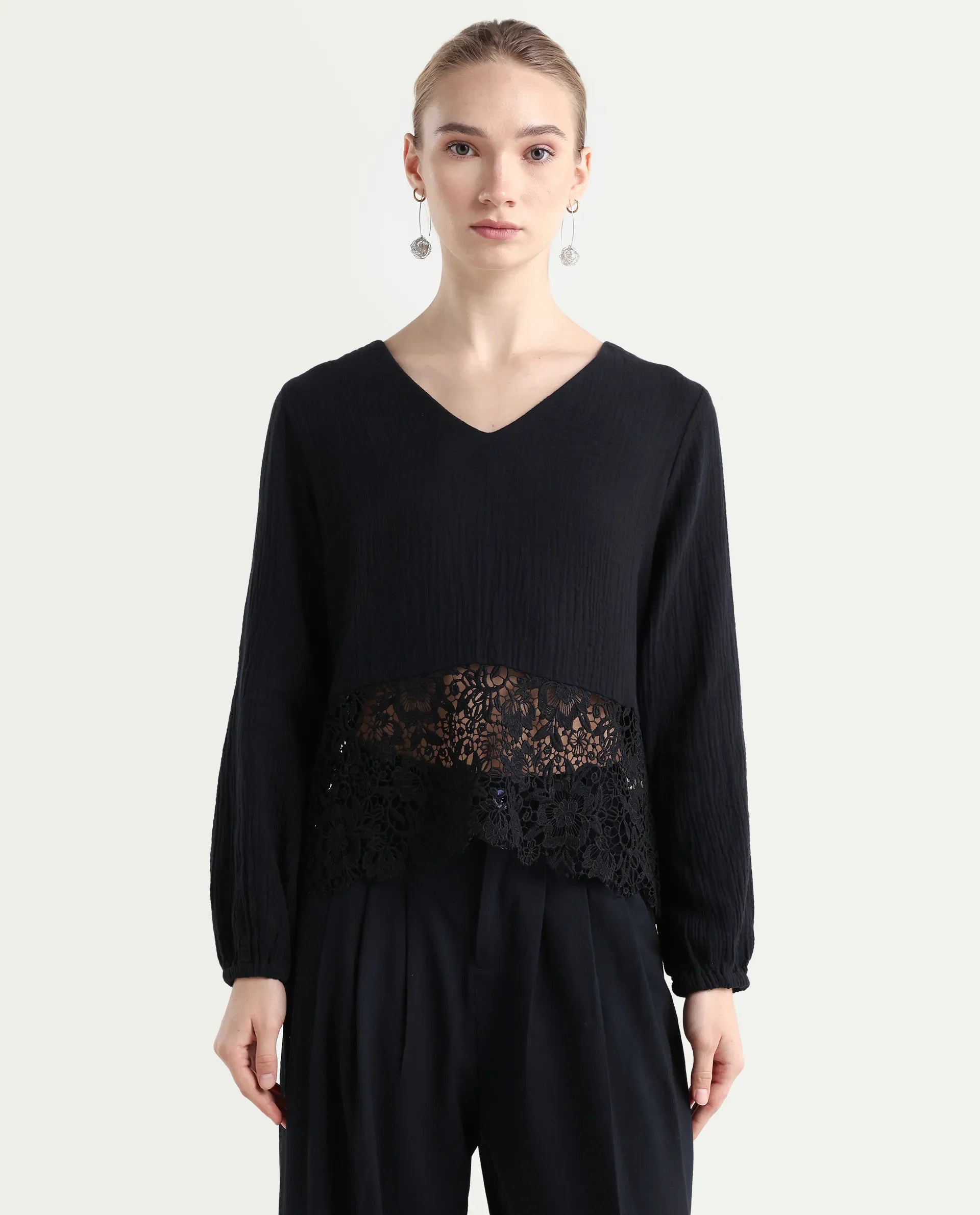 Rareism Women's Sinloa Black Cotton Blend V-Neck Plain Bishop Sleeve Regular Fit Top