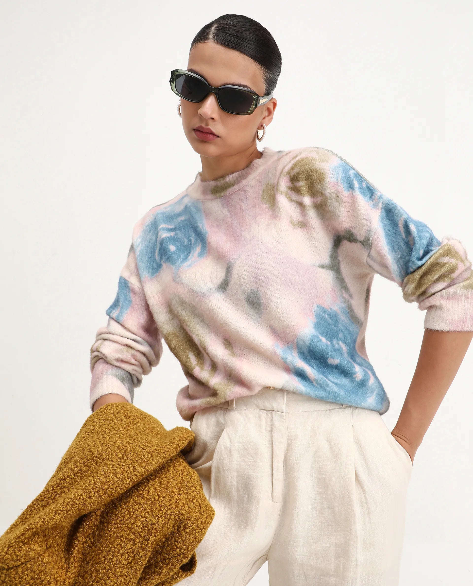 Rareism Women's Siril Dusky Multi Acrylic Blend Crew Neck Relaxed Fit Sweater