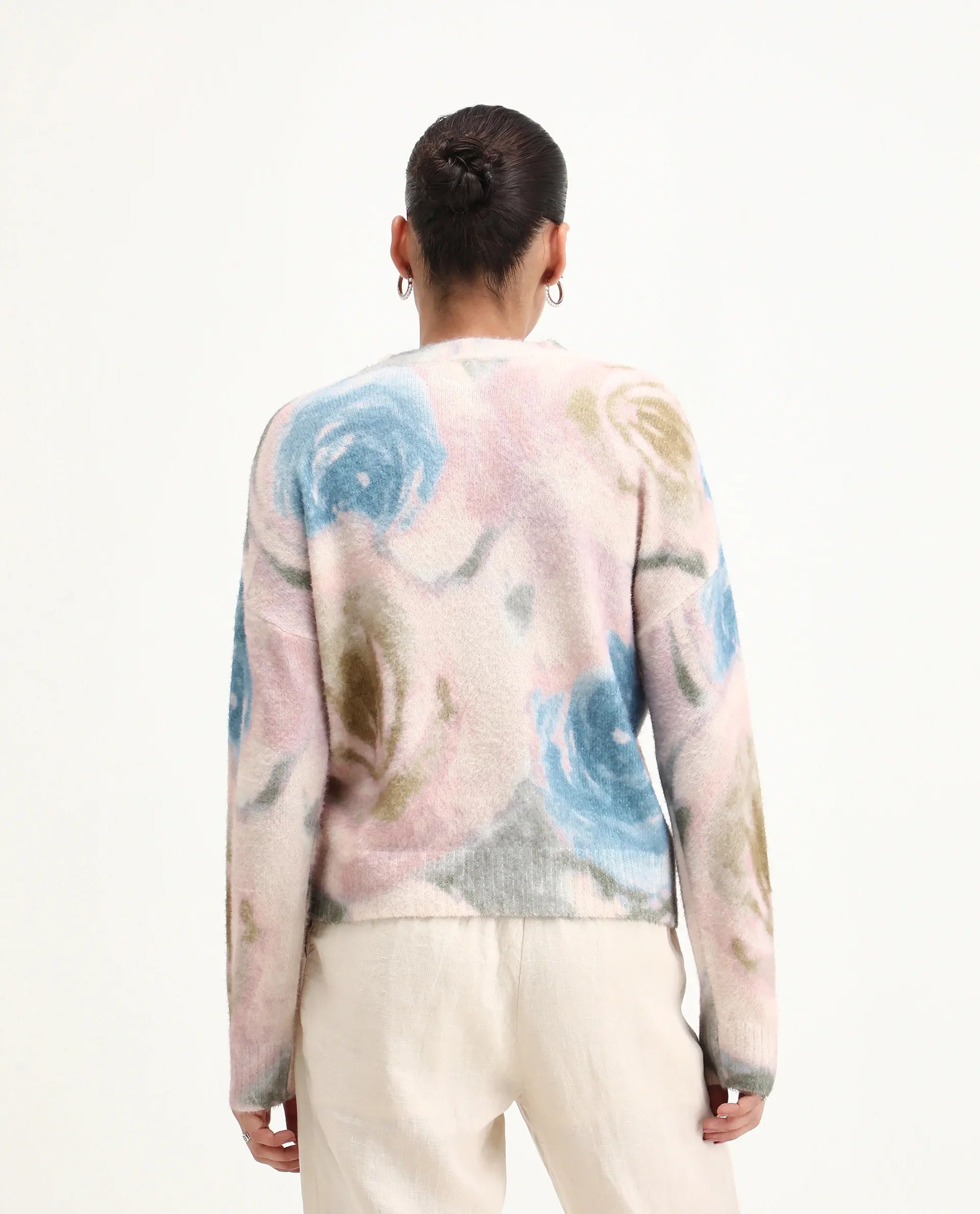 Rareism Women's Siril Dusky Multi Acrylic Blend Crew Neck Relaxed Fit Sweater