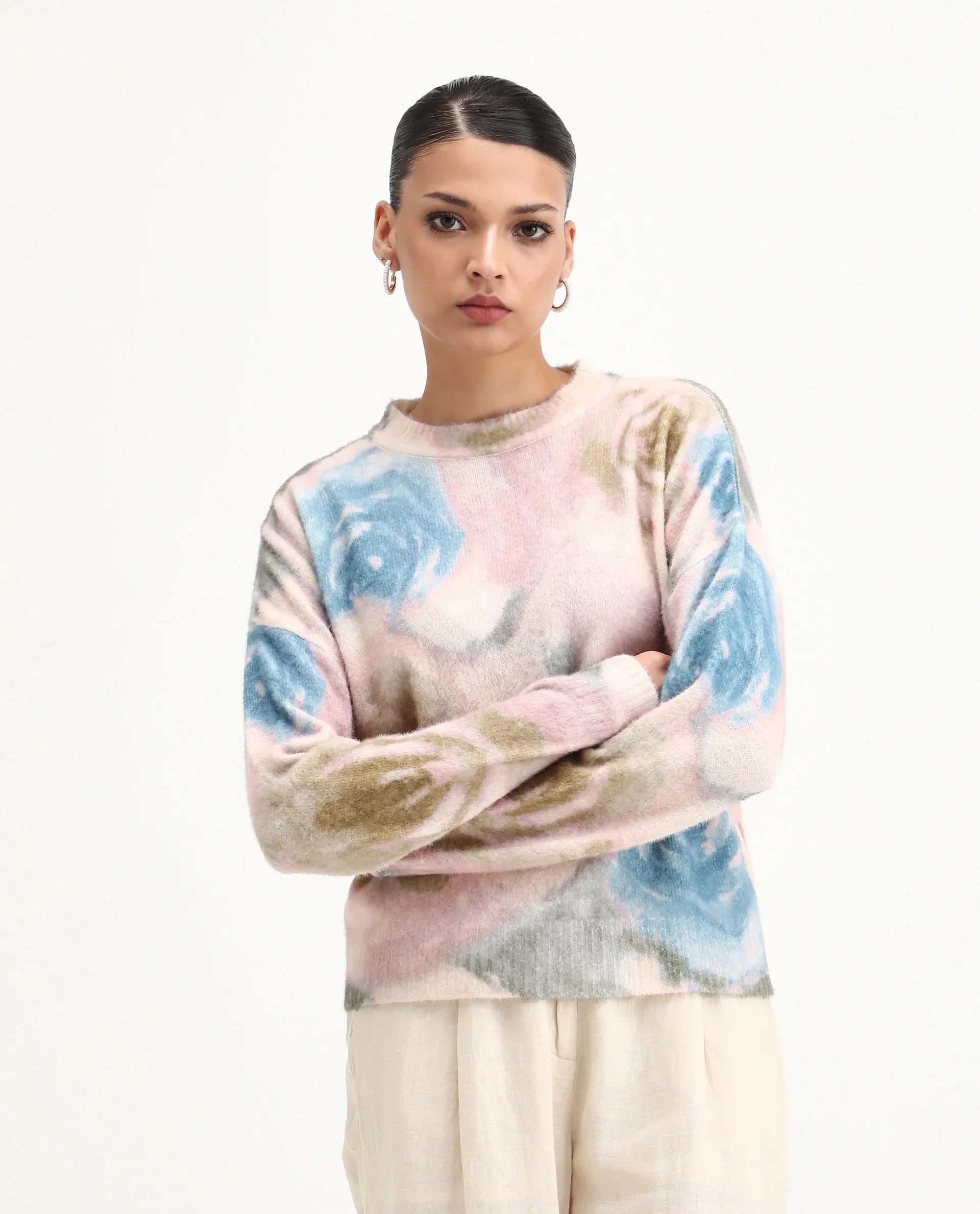 Rareism Women's Siril Dusky Multi Acrylic Blend Crew Neck Relaxed Fit Sweater