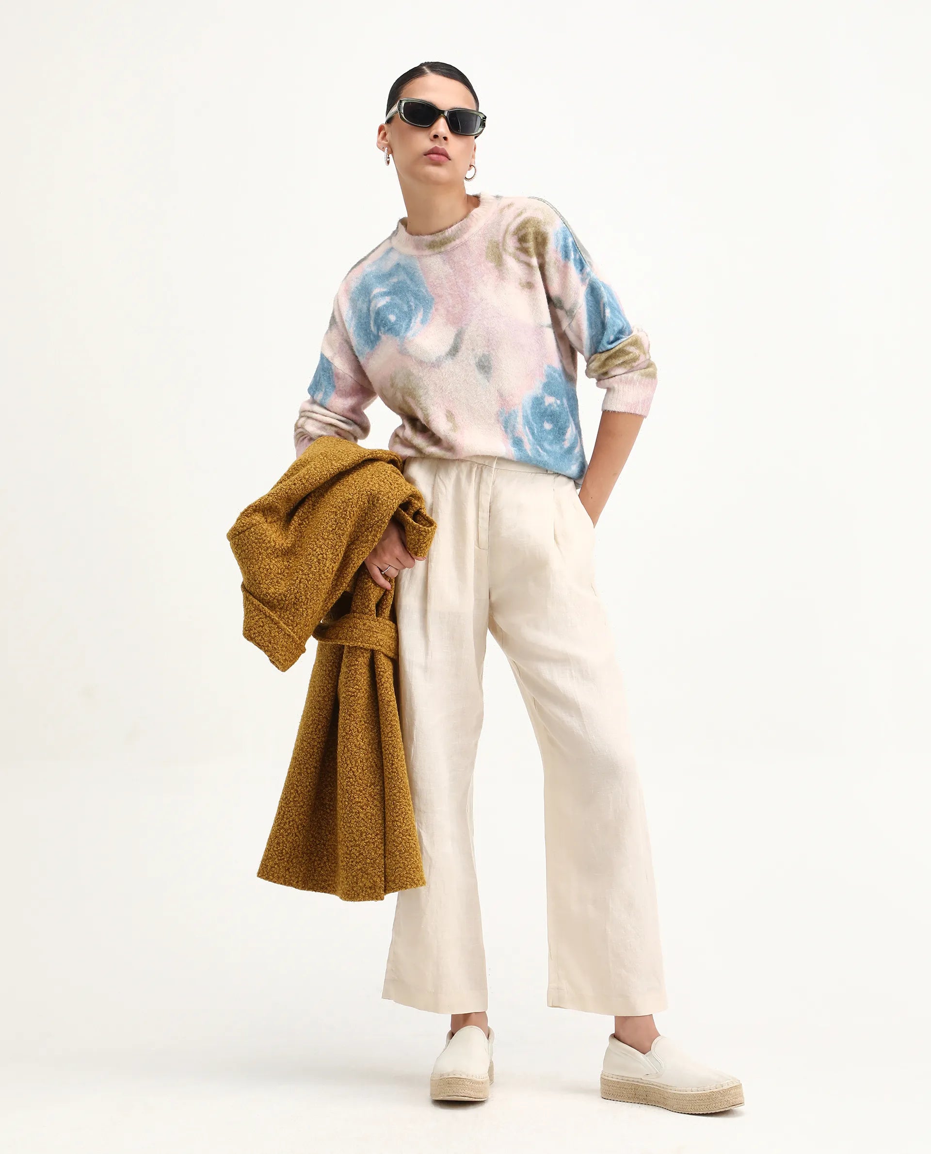 Rareism Women's Siril Dusky Multi Acrylic Blend Crew Neck Relaxed Fit Sweater