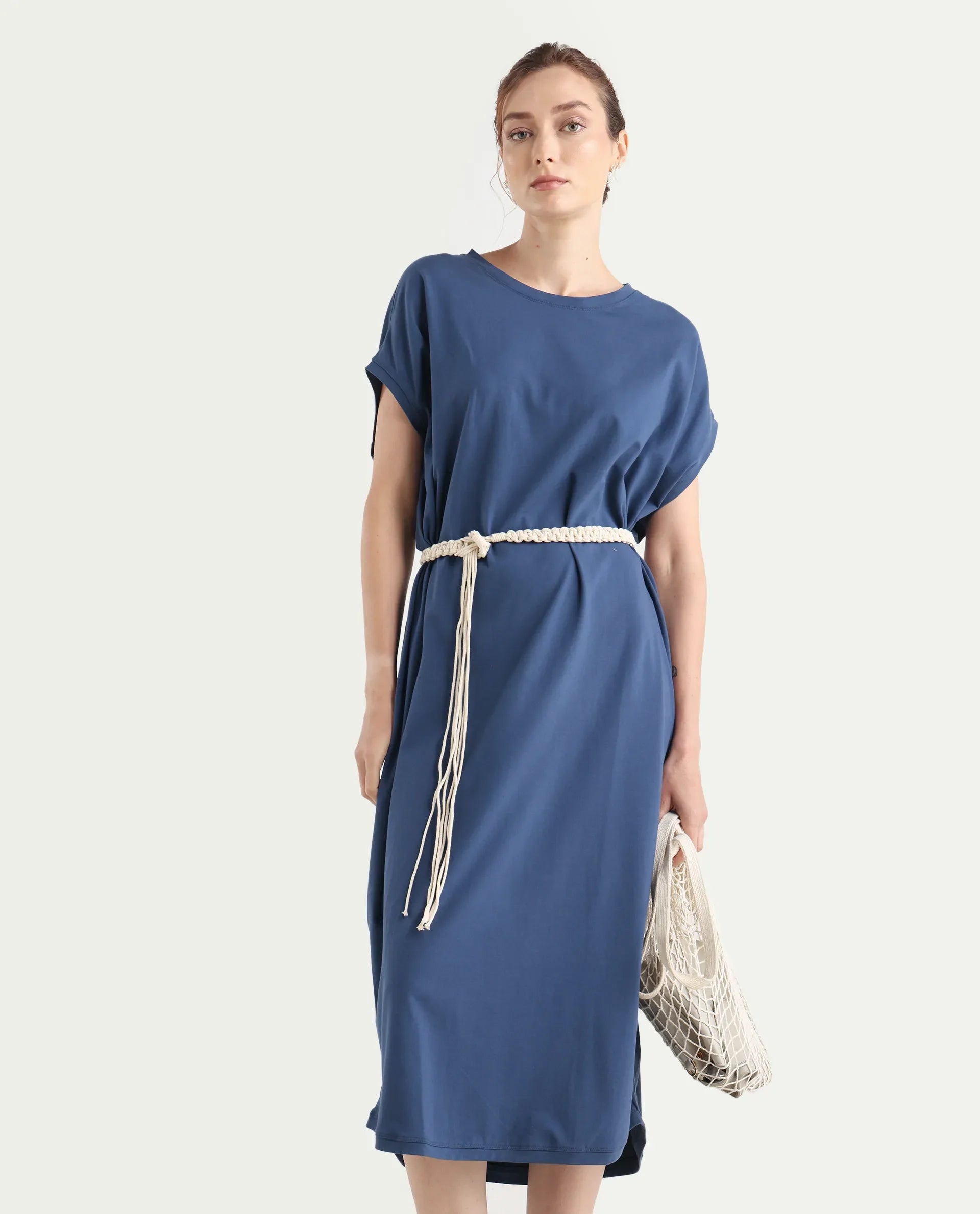 Rareism Women's Siriyo Dark Blue Cotton Crew Neck Plain Extended Sleeves Maxi Relaxed Fit Dress