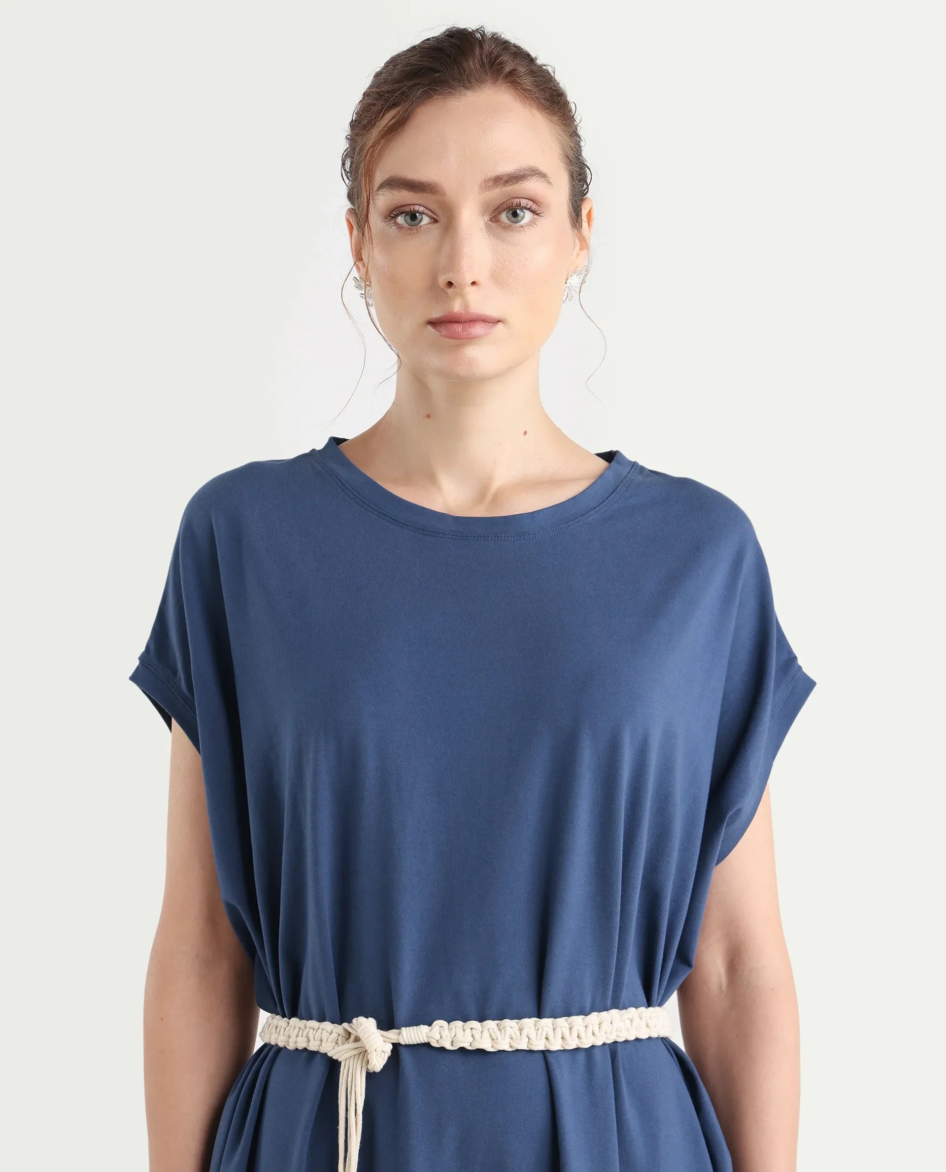 Rareism Women's Siriyo Dark Blue Cotton Crew Neck Plain Extended Sleeves Maxi Relaxed Fit Dress