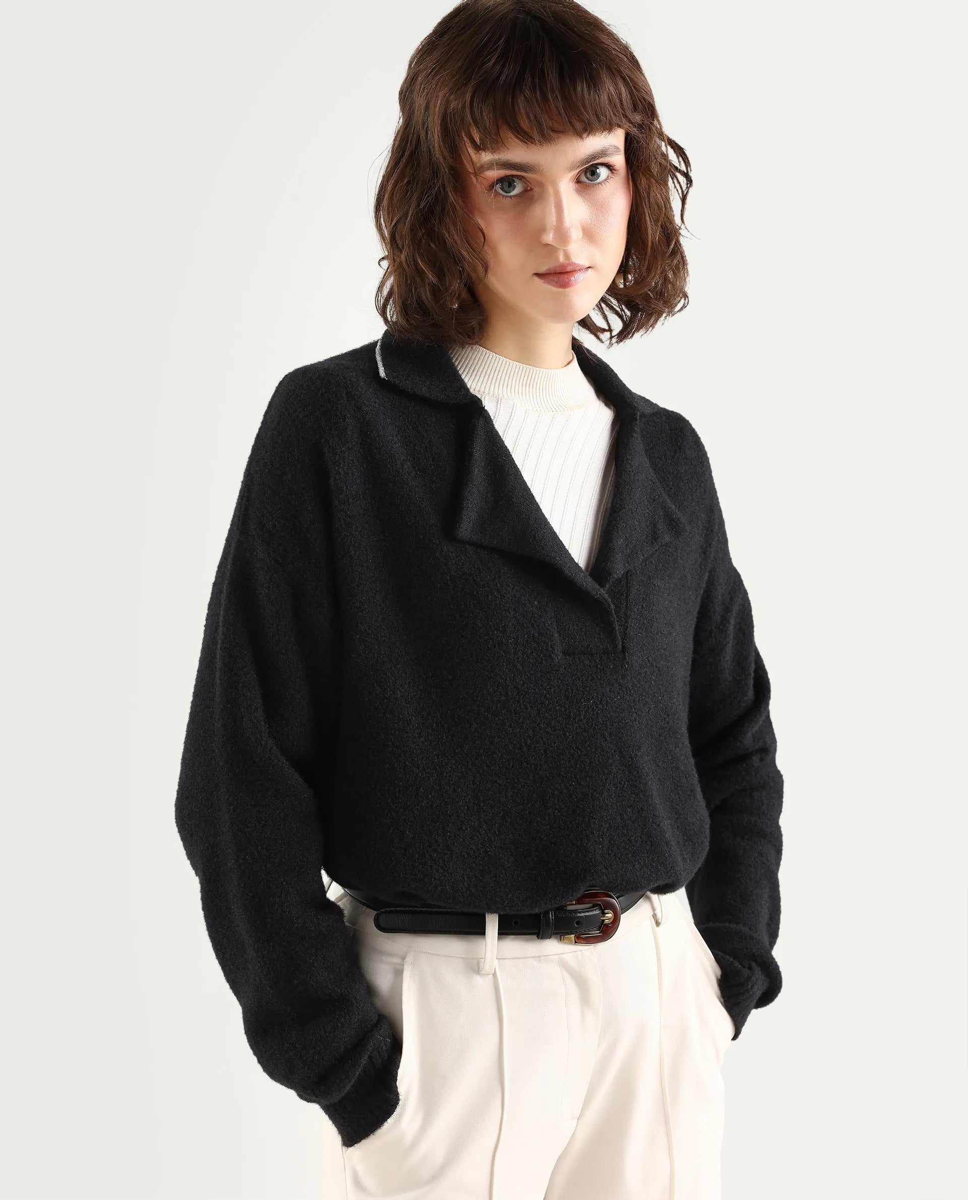 Rareism Women's Sirnako Black Acrylic Spread Collar Relaxed Fit Plain Sweater