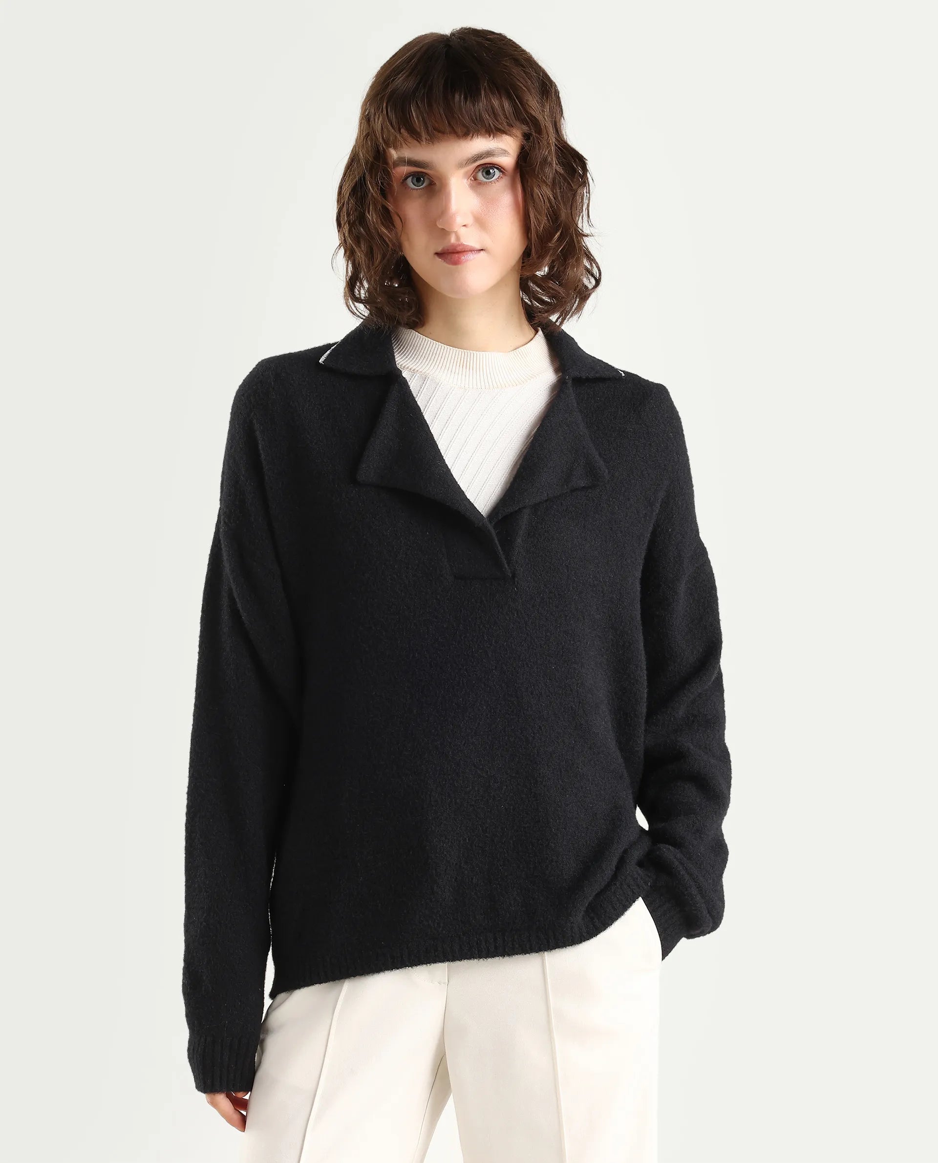 Rareism Women's Sirnako Black Acrylic Spread Collar Relaxed Fit Plain Sweater