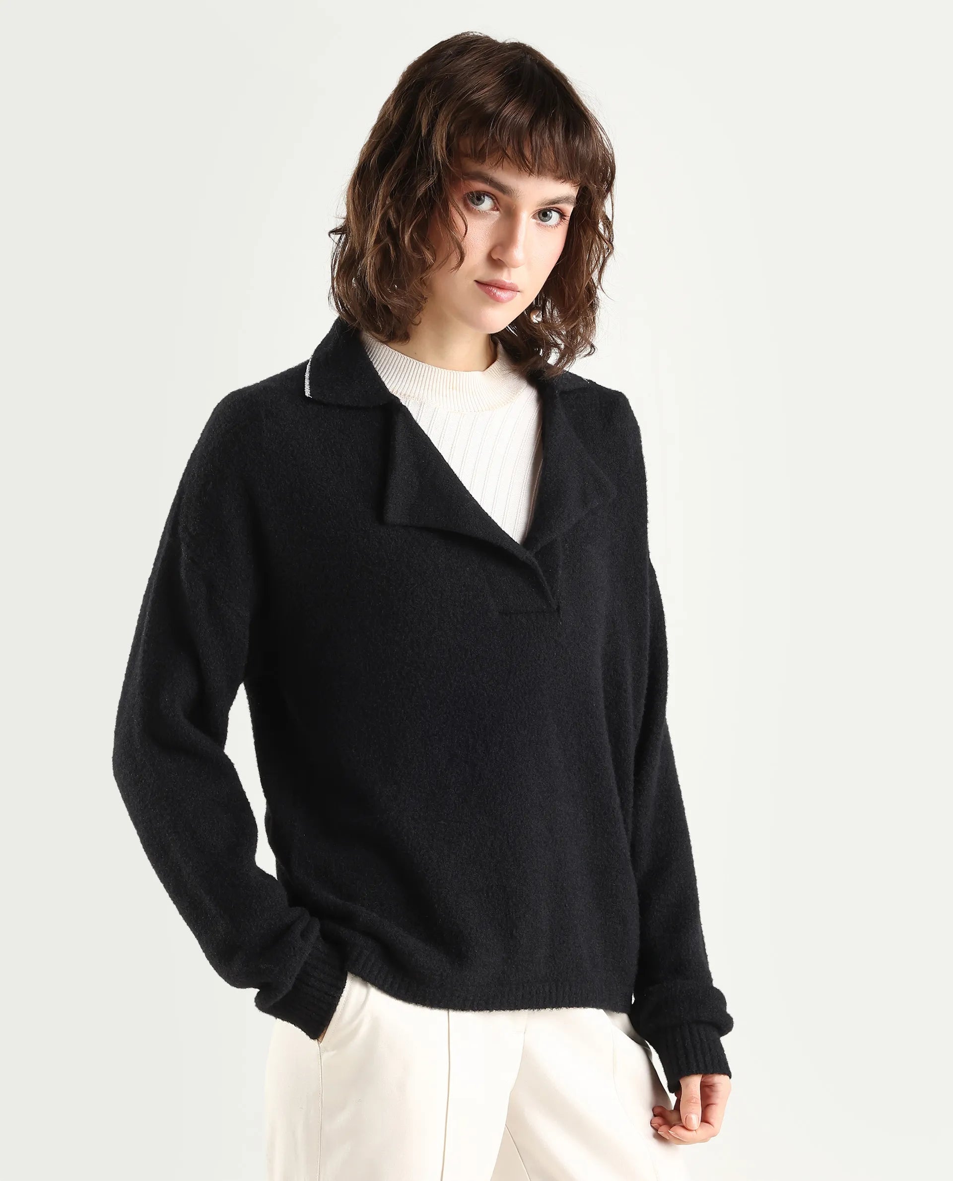 Rareism Women's Sirnako Black Acrylic Spread Collar Relaxed Fit Plain Sweater