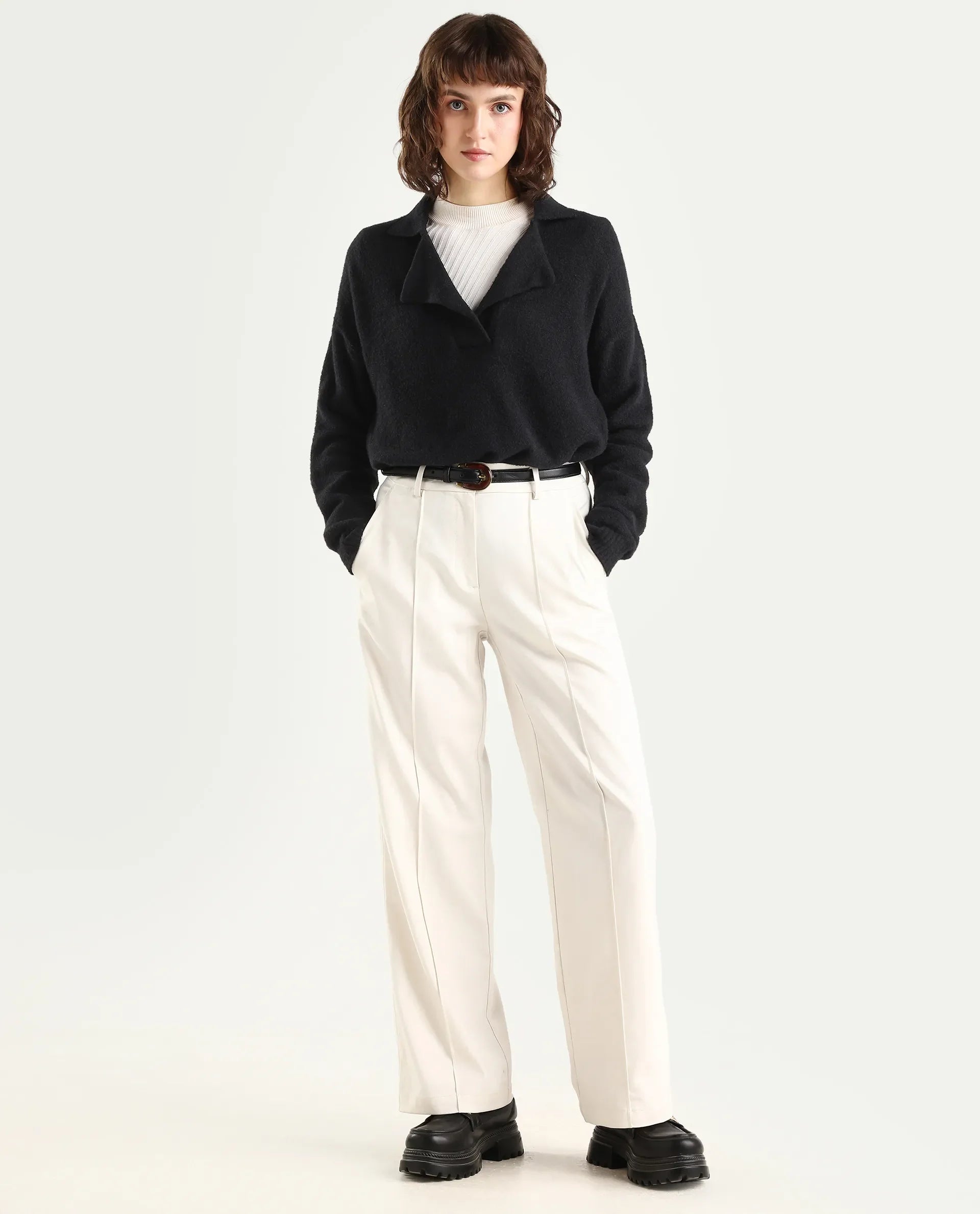 Rareism Women's Sirnako Black Acrylic Spread Collar Relaxed Fit Plain Sweater