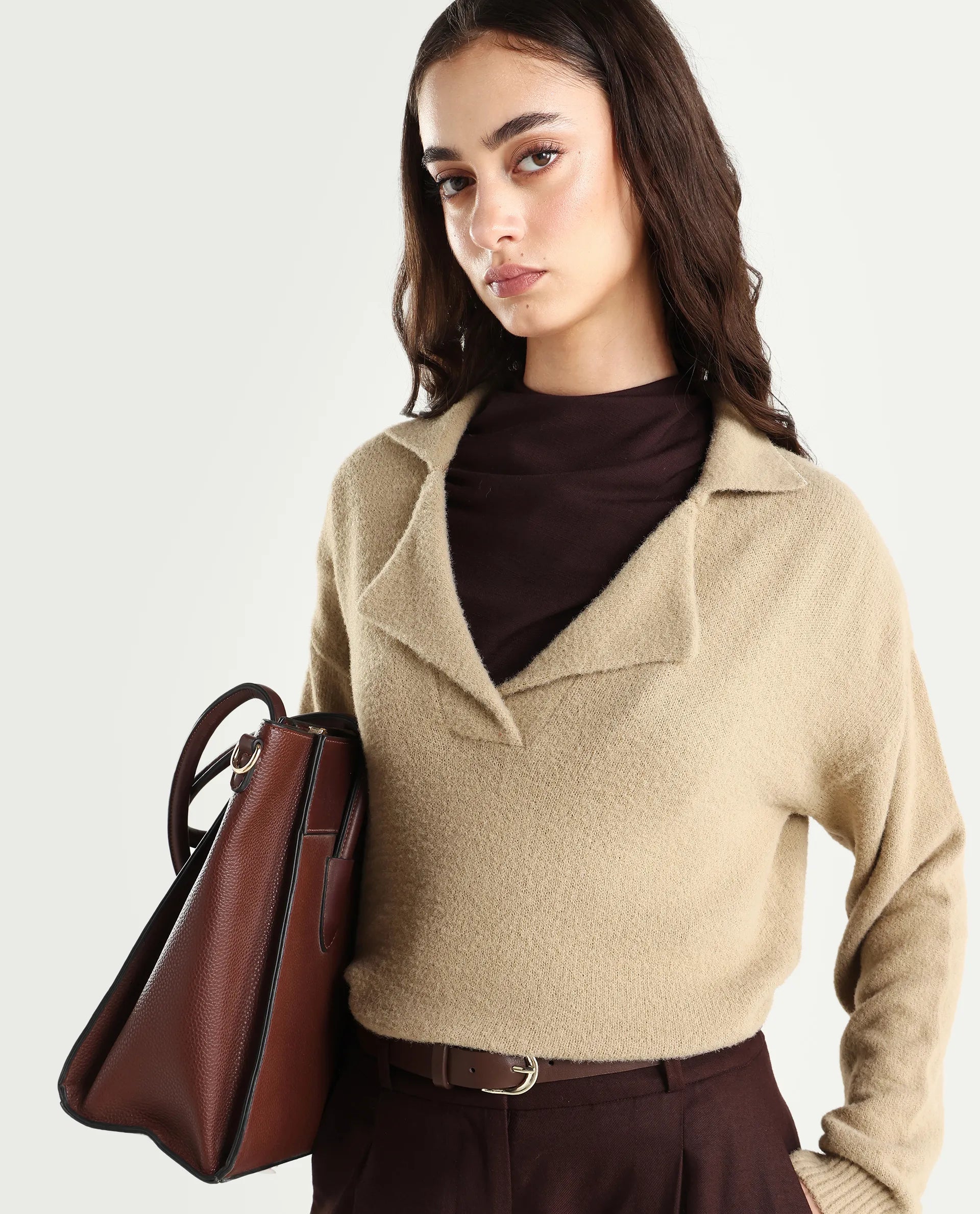 Rareism Women's Sirnako Light Beige Acrylic Spread Collar Relaxed Fit Plain Sweater