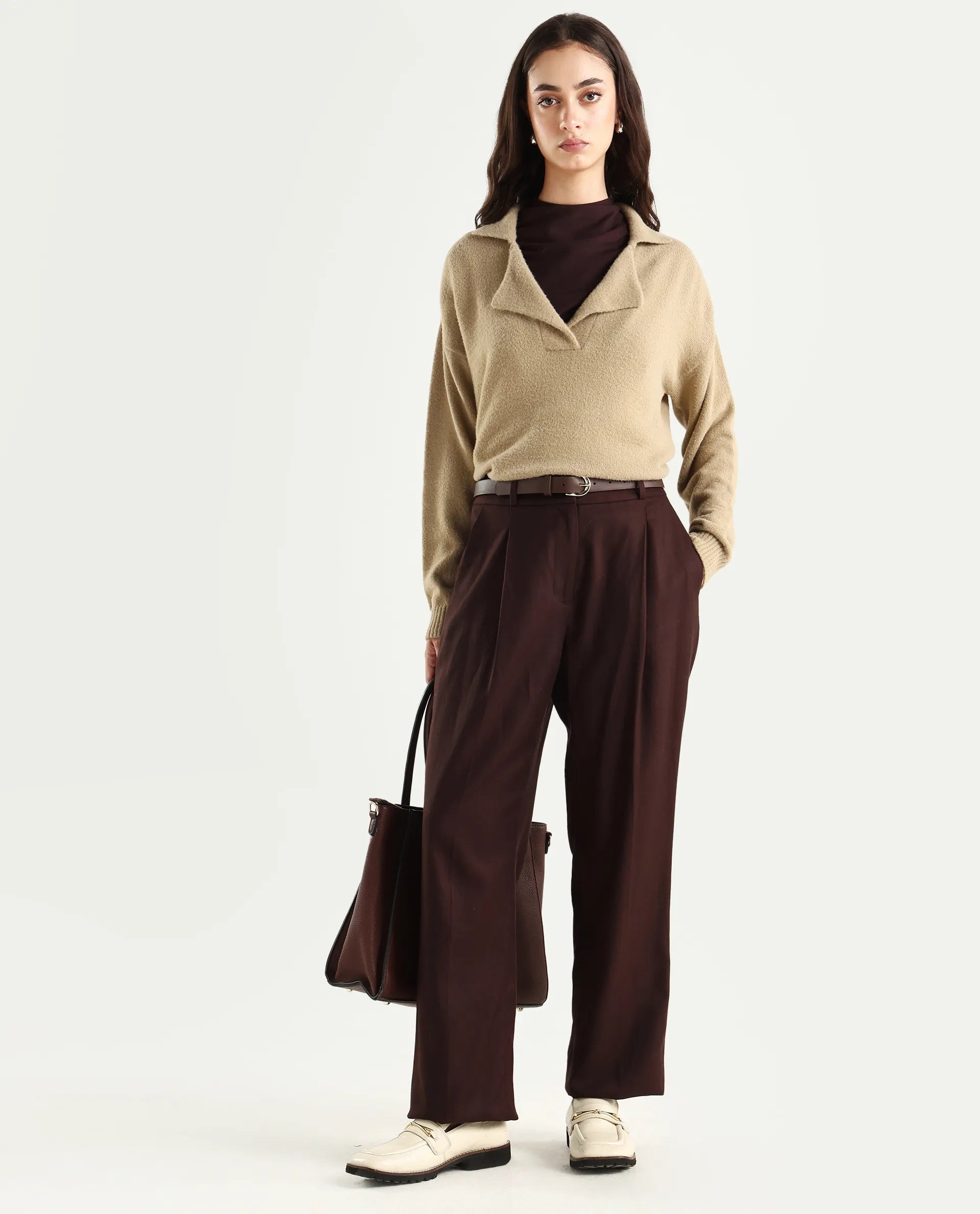 Rareism Women's Sirnako Light Beige Acrylic Spread Collar Relaxed Fit Plain Sweater