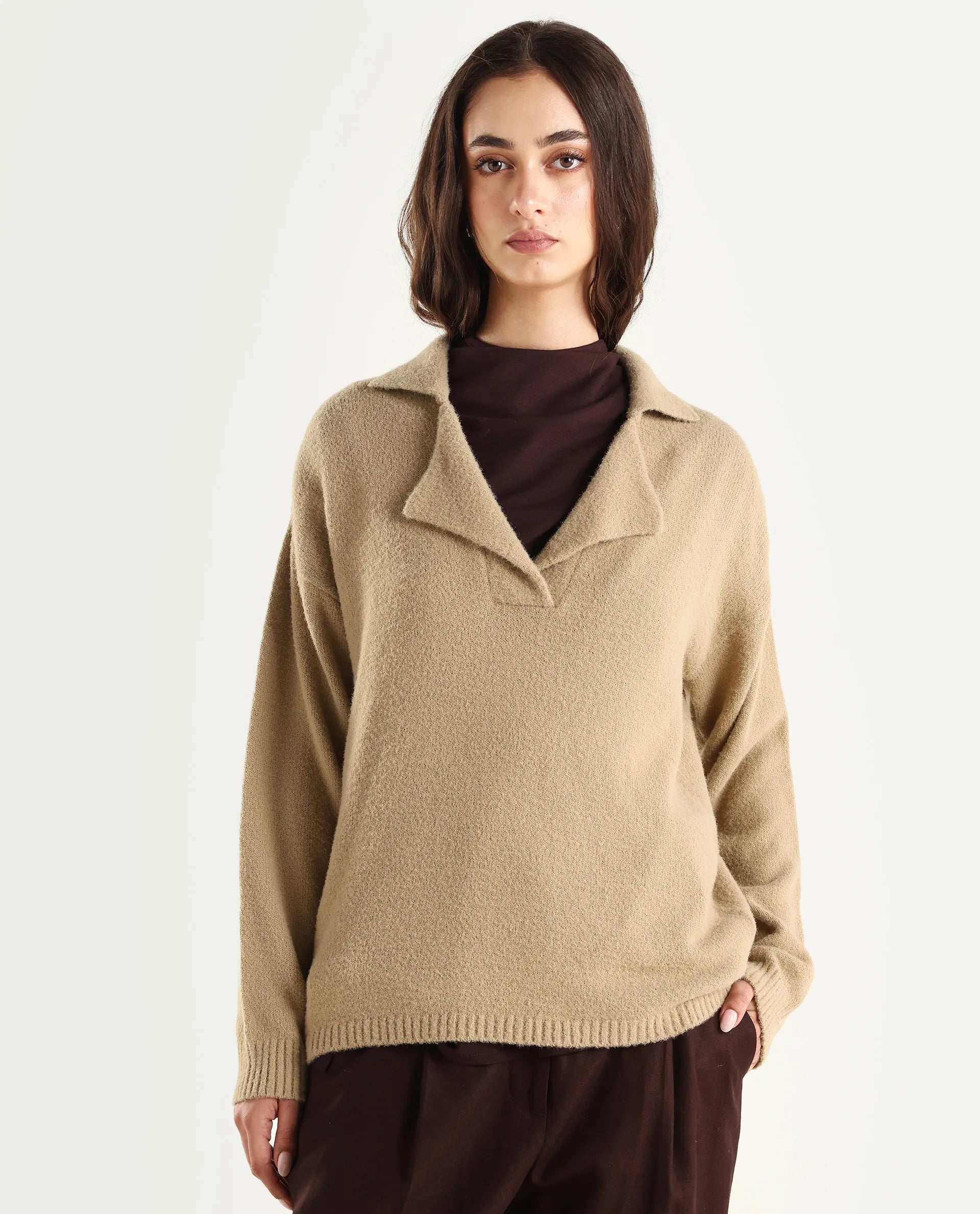 Rareism Women's Sirnako Light Beige Acrylic Spread Collar Relaxed Fit Plain Sweater