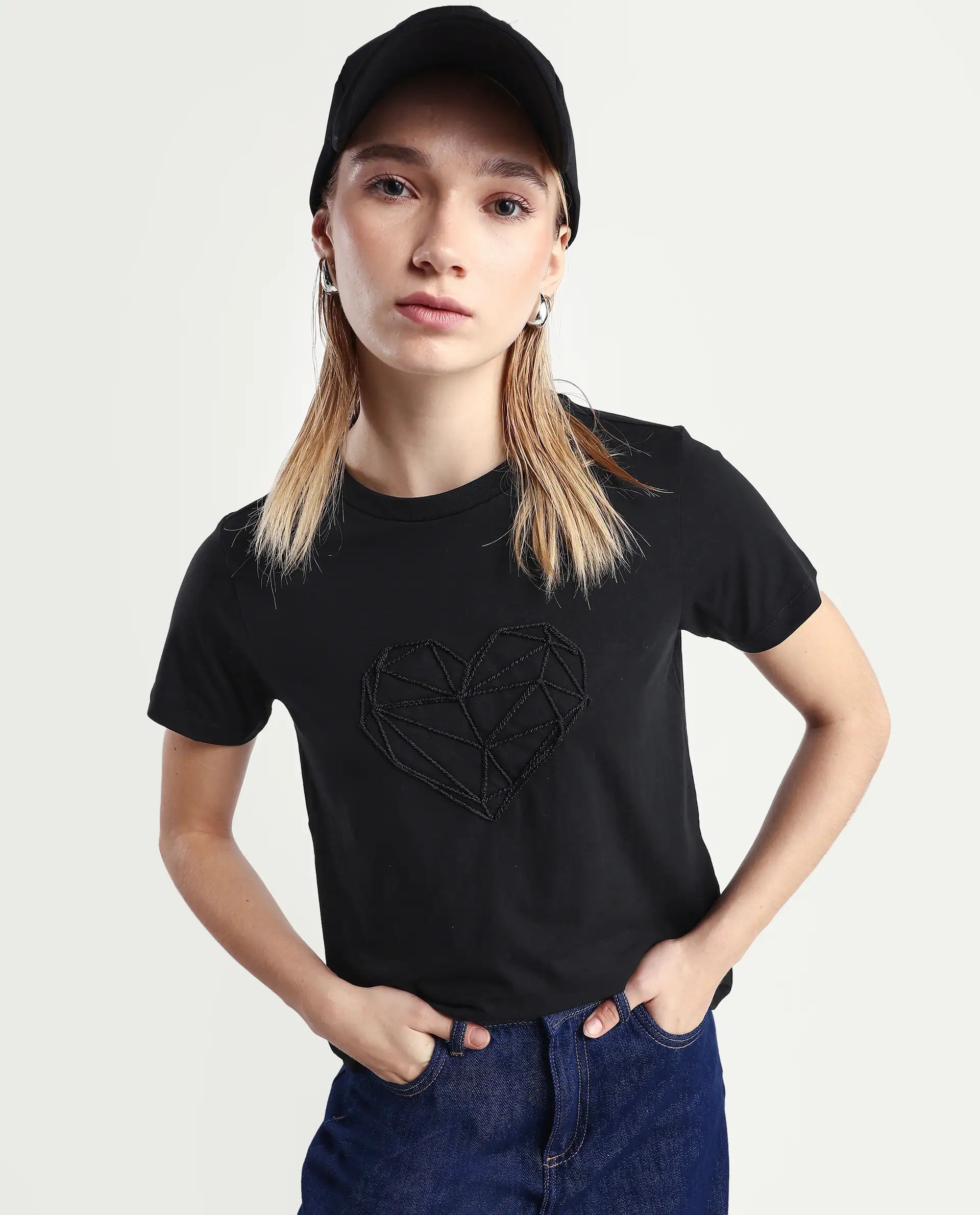 Rareism Women's Skia Black Cotton Blend Crew Neck Regular Fit T-Shirt