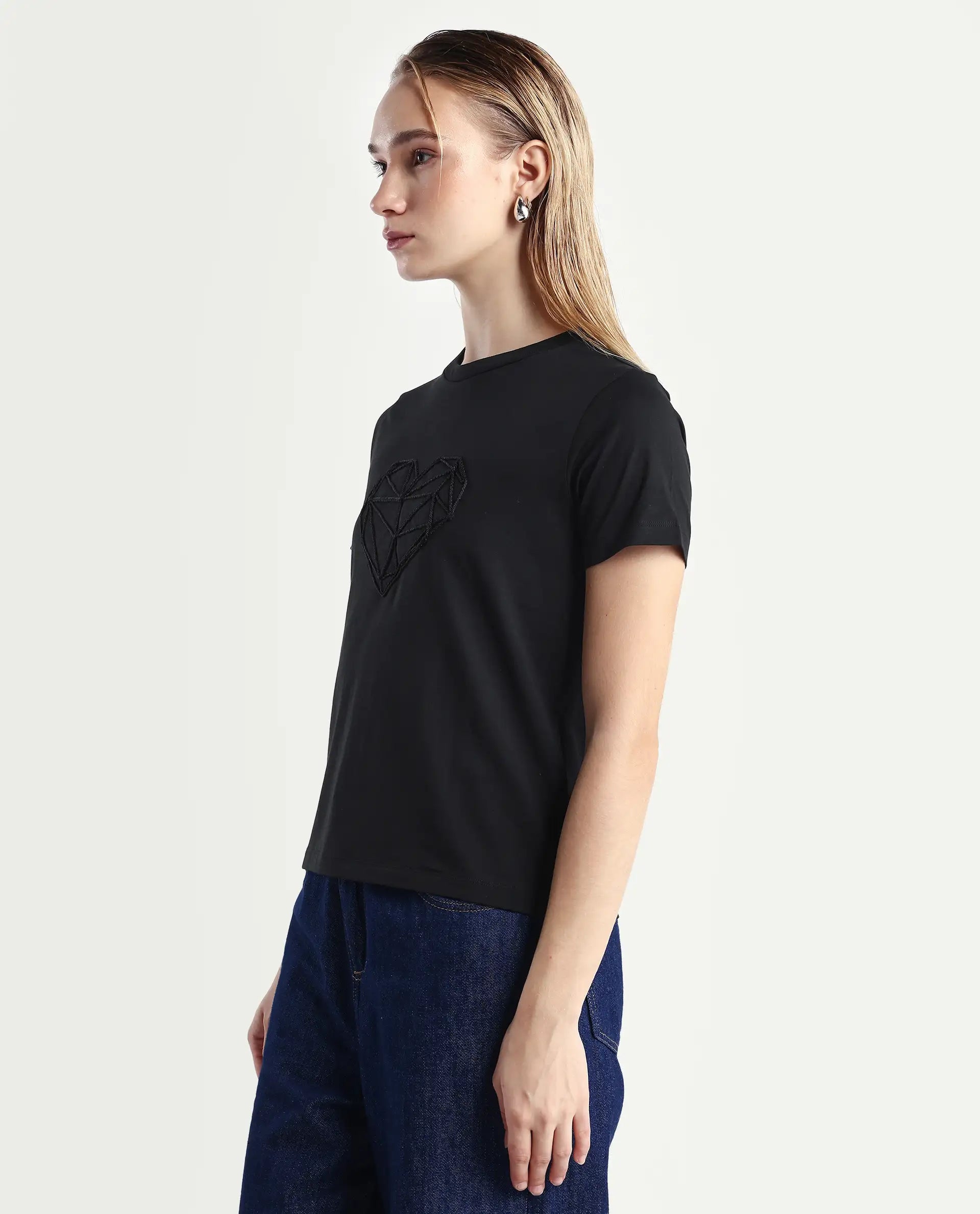 Rareism Women's Skia Black Cotton Blend Crew Neck Regular Fit T-Shirt