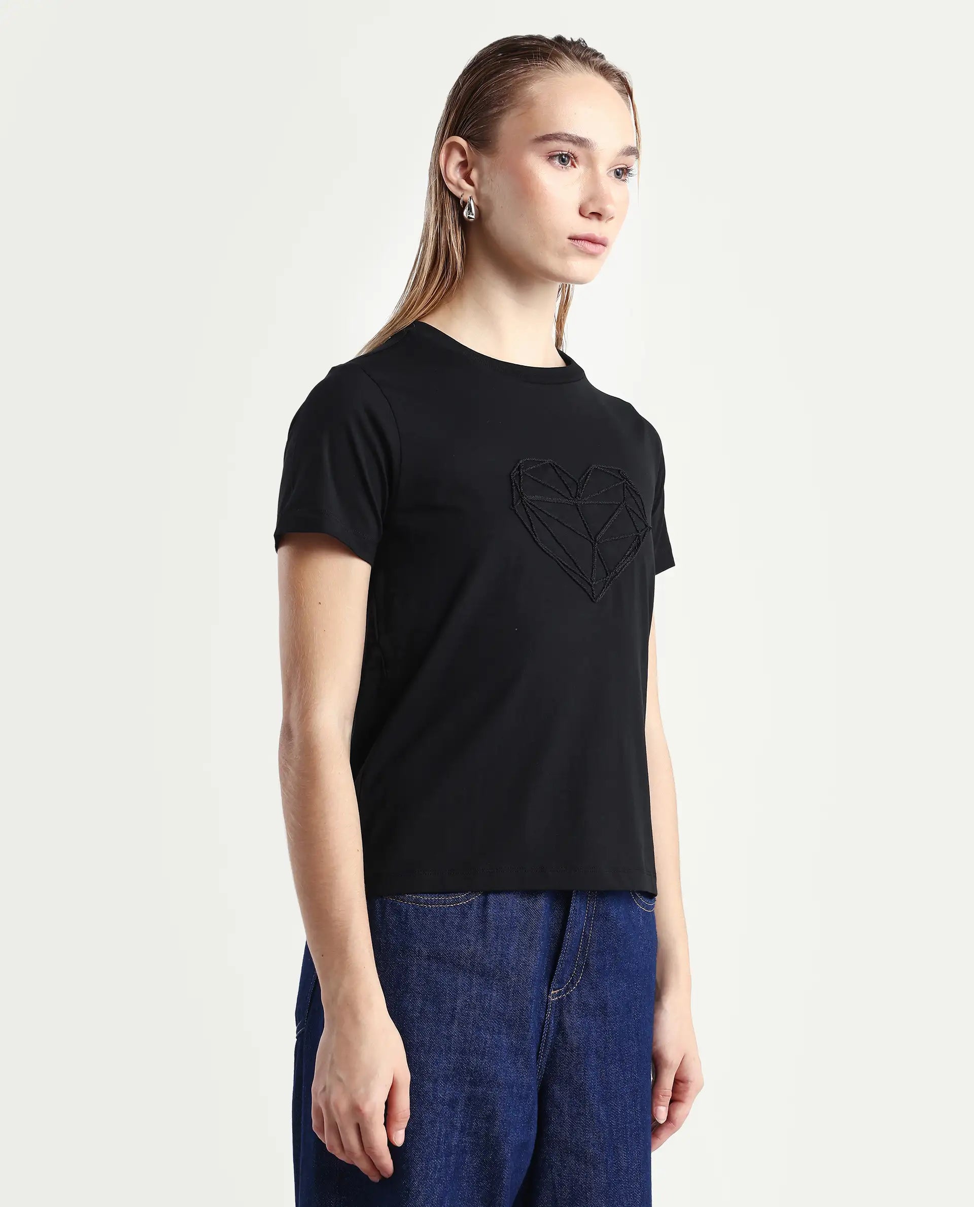 Rareism Women's Skia Black Cotton Blend Crew Neck Regular Fit T-Shirt