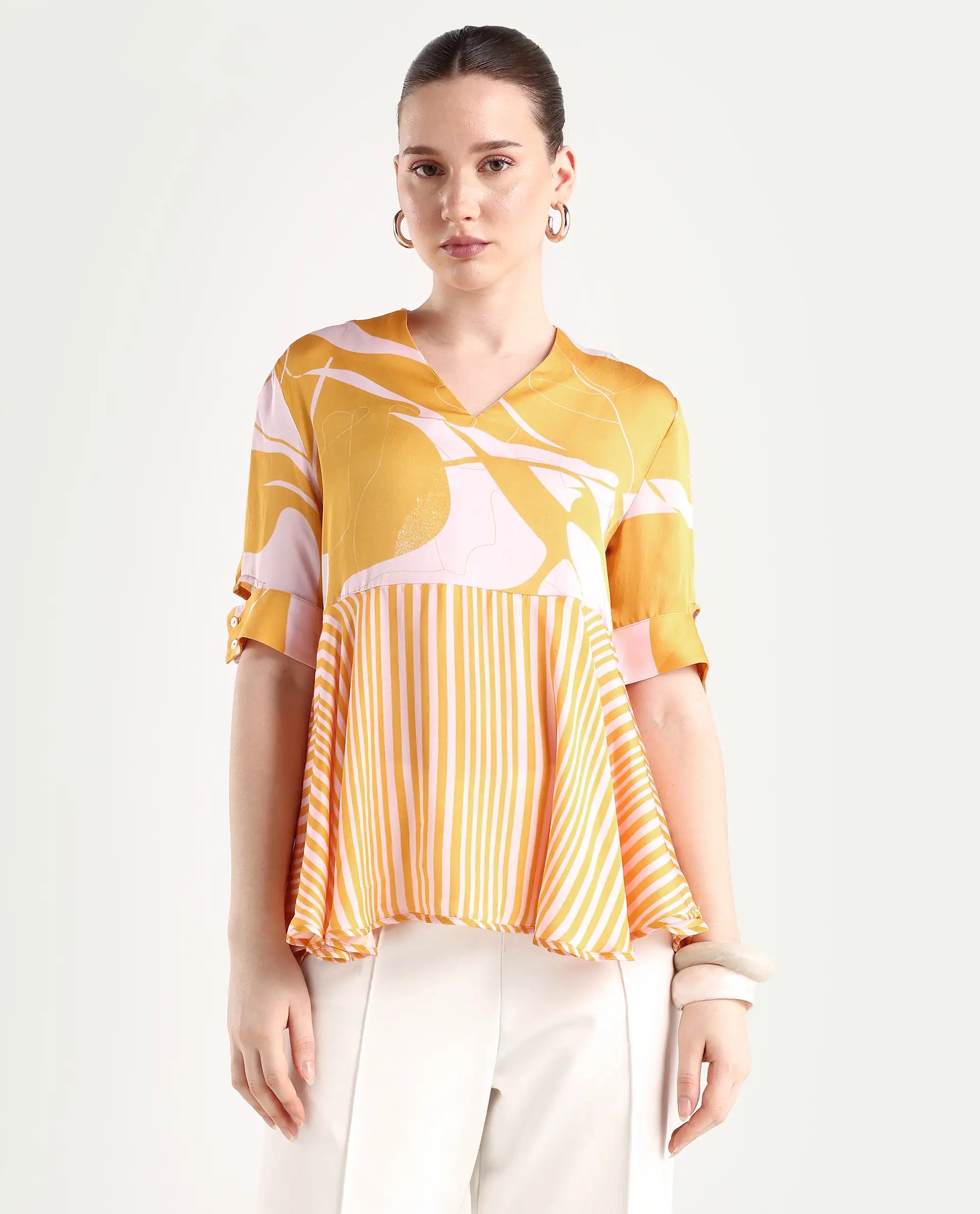 Rareism Women's Skimmia Mustard Modal V-Neck Abstract Print Regular Fit Top