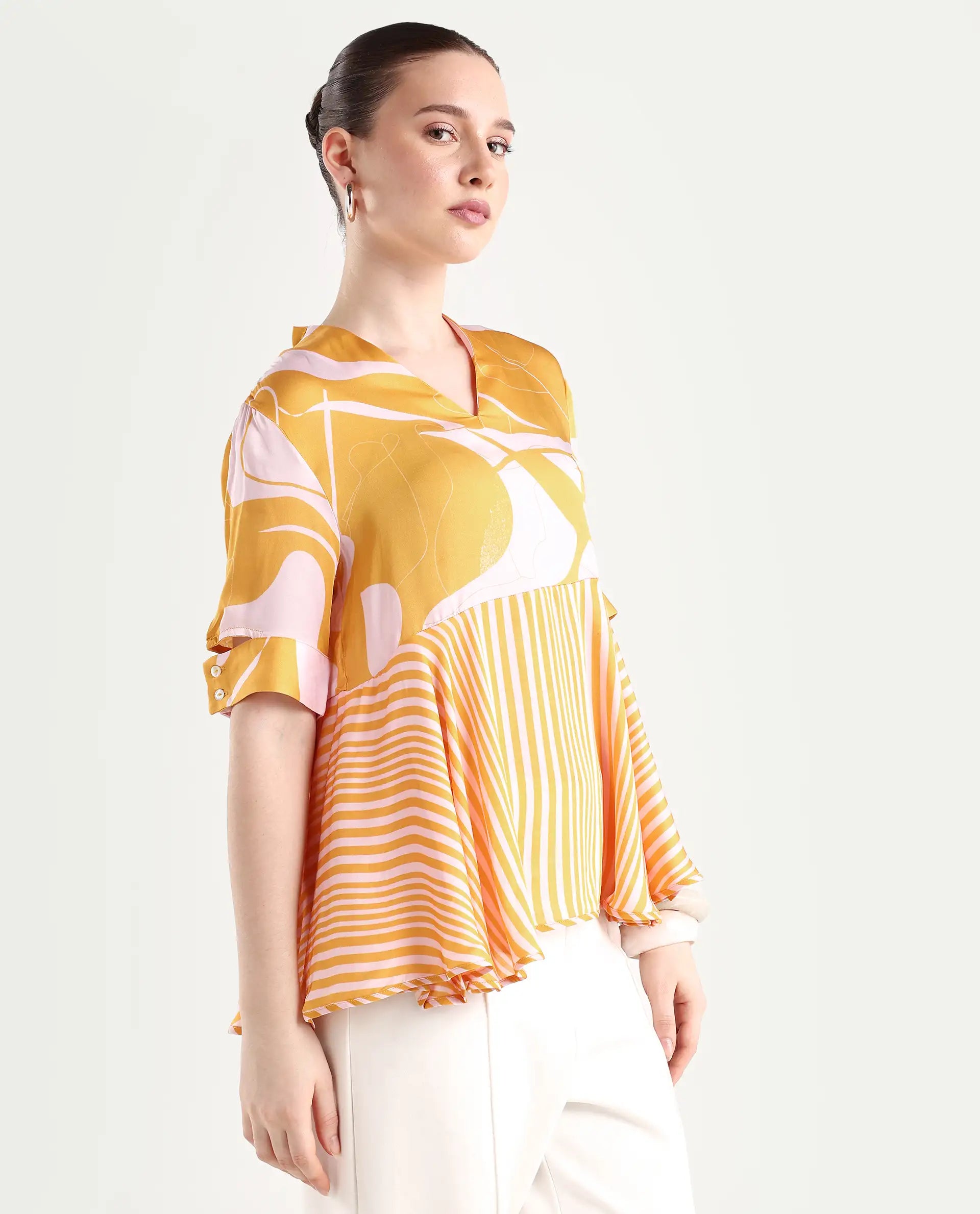 Rareism Women's Skimmia Mustard Modal V-Neck Abstract Print Regular Fit Top