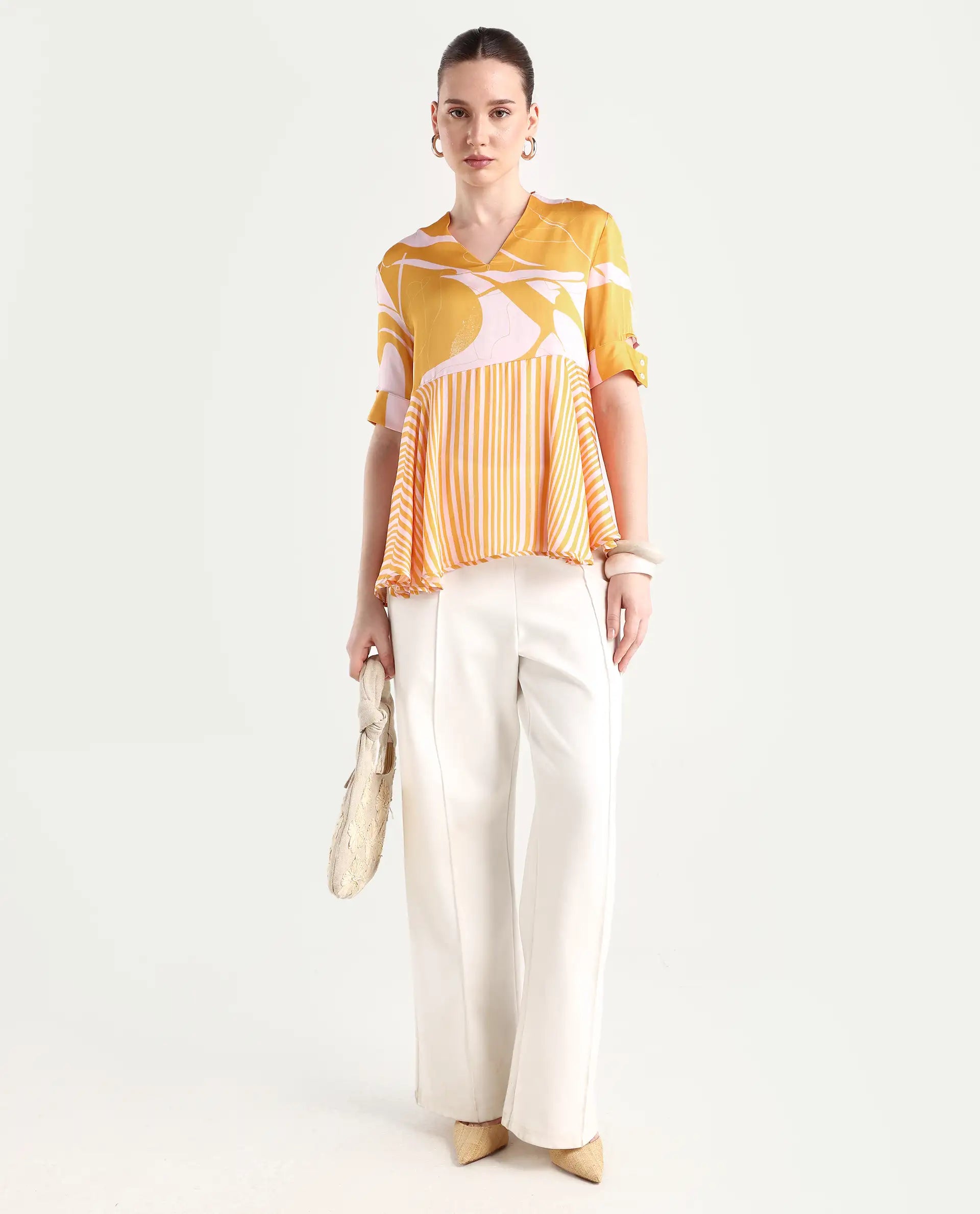 Rareism Women's Skimmia Mustard Modal V-Neck Abstract Print Regular Fit Top