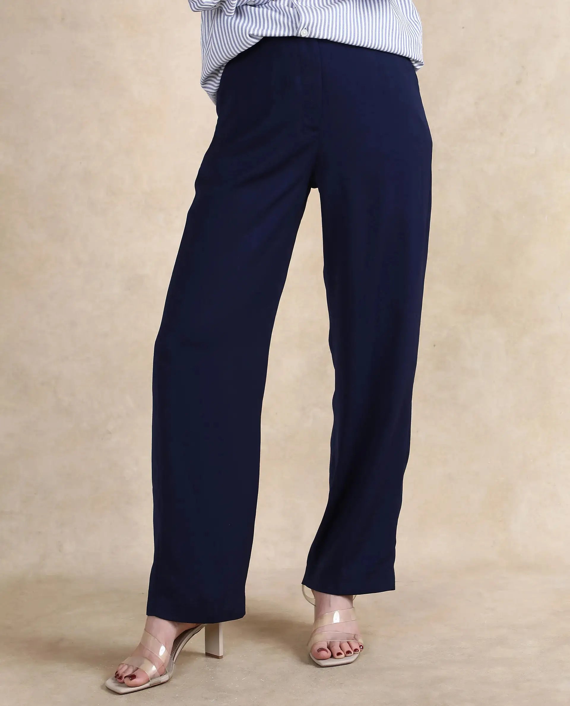 Rareism Women Skrein Navy Straight Fit Plain Trouser