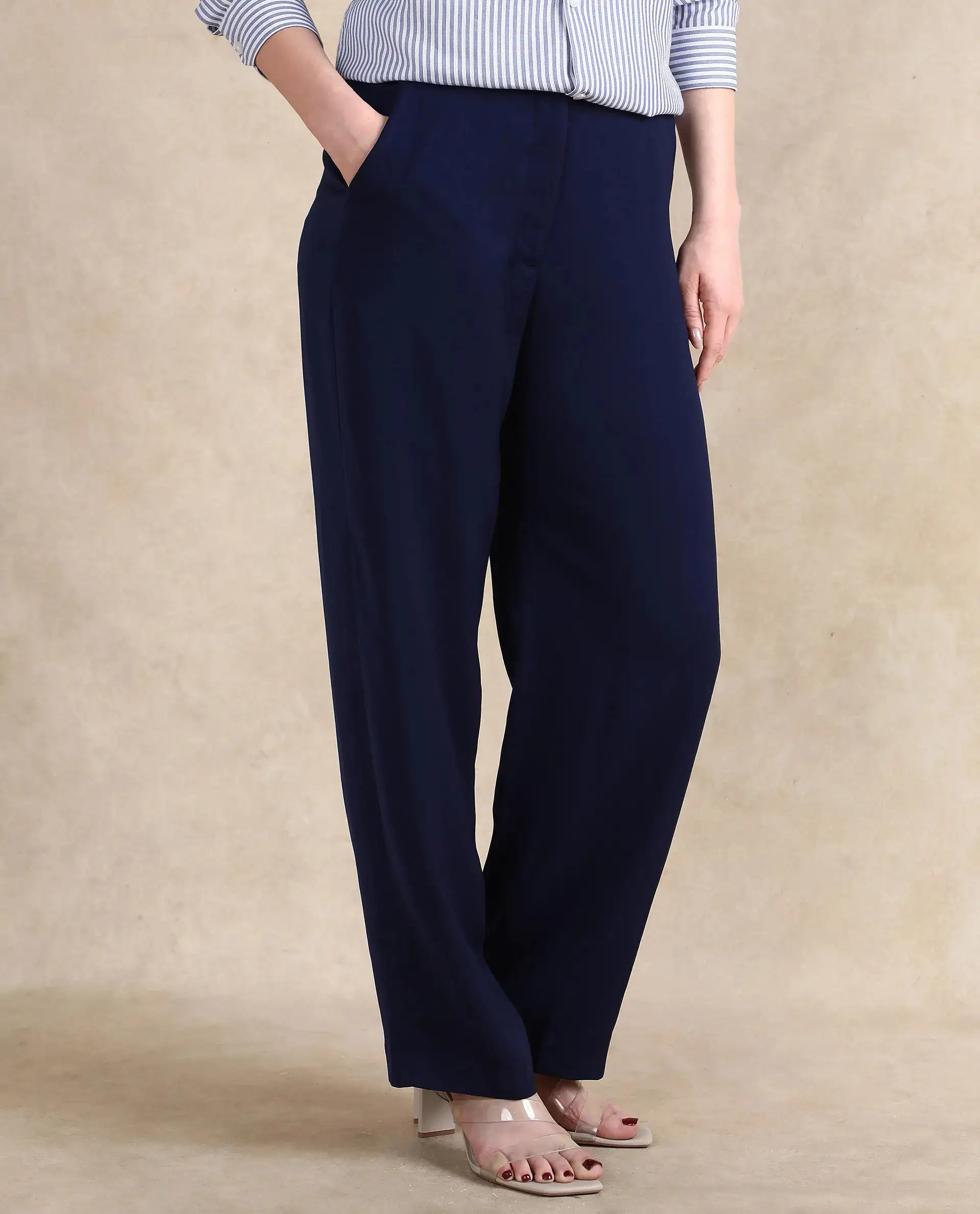 Rareism Women Skrein Navy Straight Fit Plain Trouser