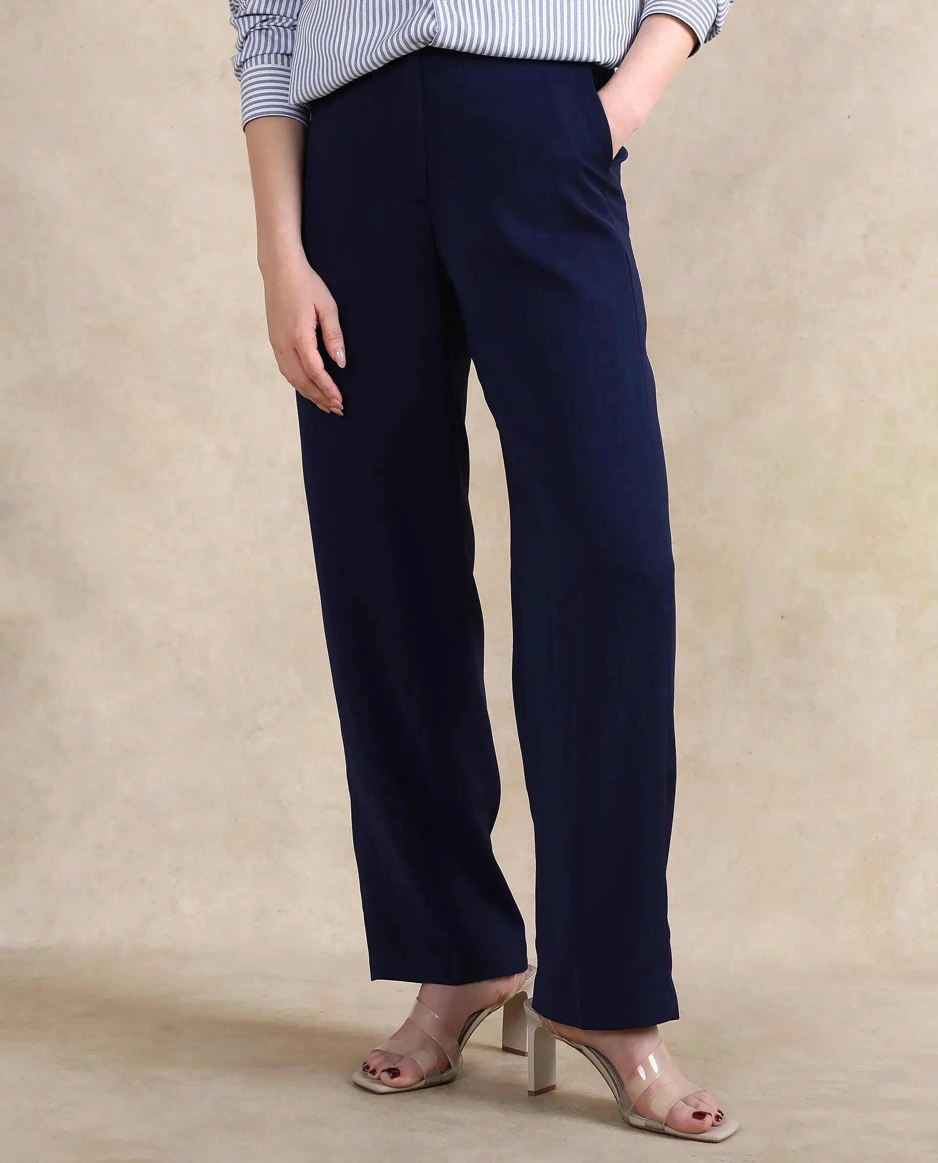 Rareism Women Skrein Navy Straight Fit Plain Trouser