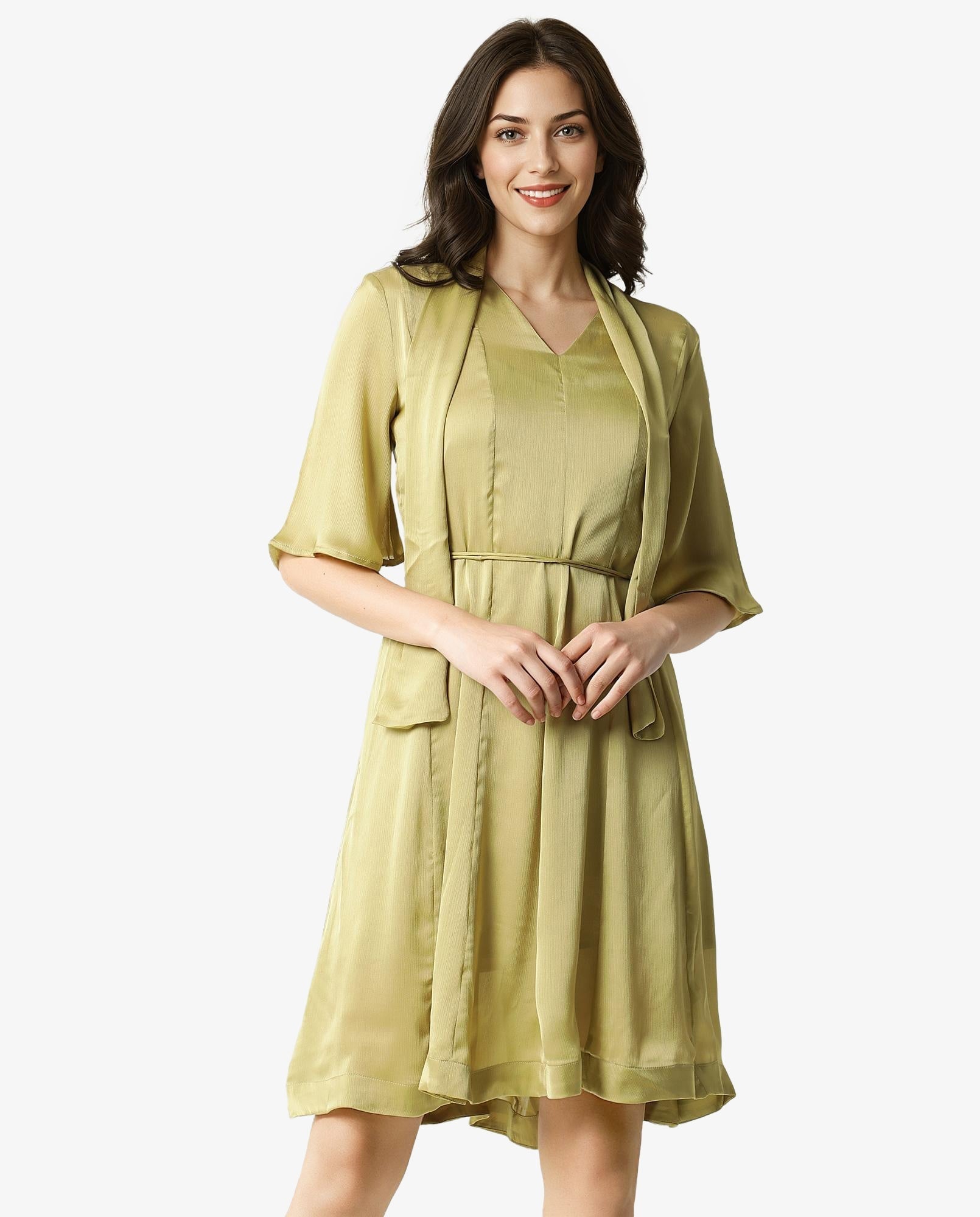 Rareism Women's Skrill Green V-Neck Plain Flared Sleeve Knee Length Regular Fit Dress