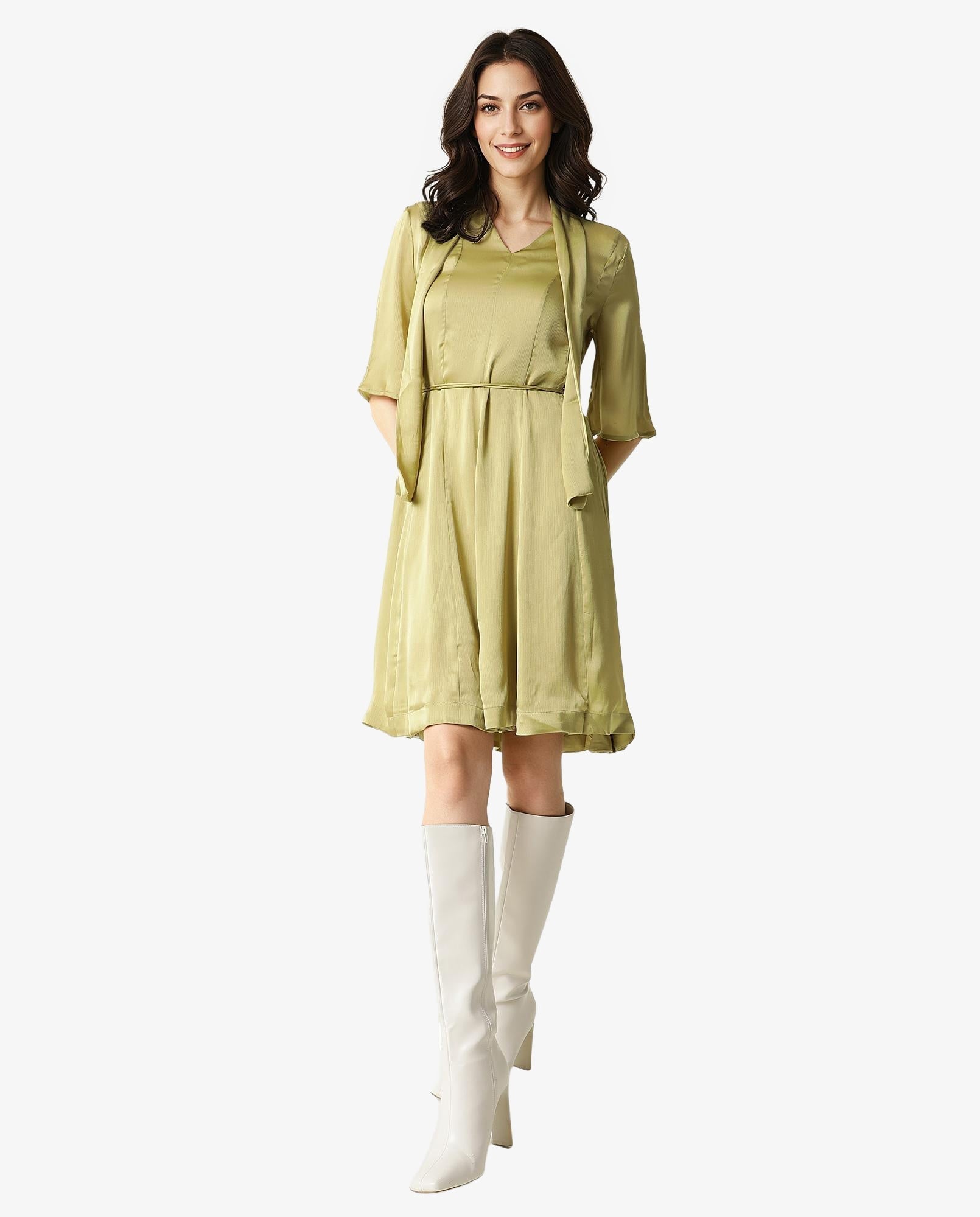 Rareism Women's Skrill Green V-Neck Plain Flared Sleeve Knee Length Regular Fit Dress