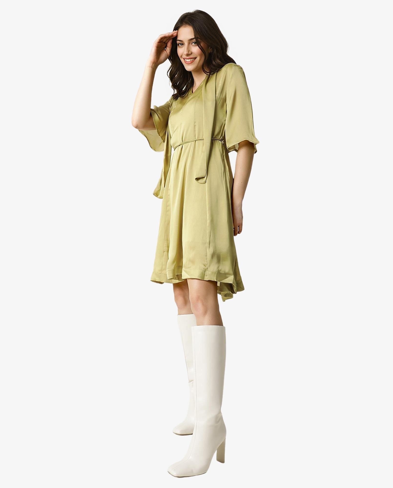 Rareism Women's Skrill Green V-Neck Plain Flared Sleeve Knee Length Regular Fit Dress