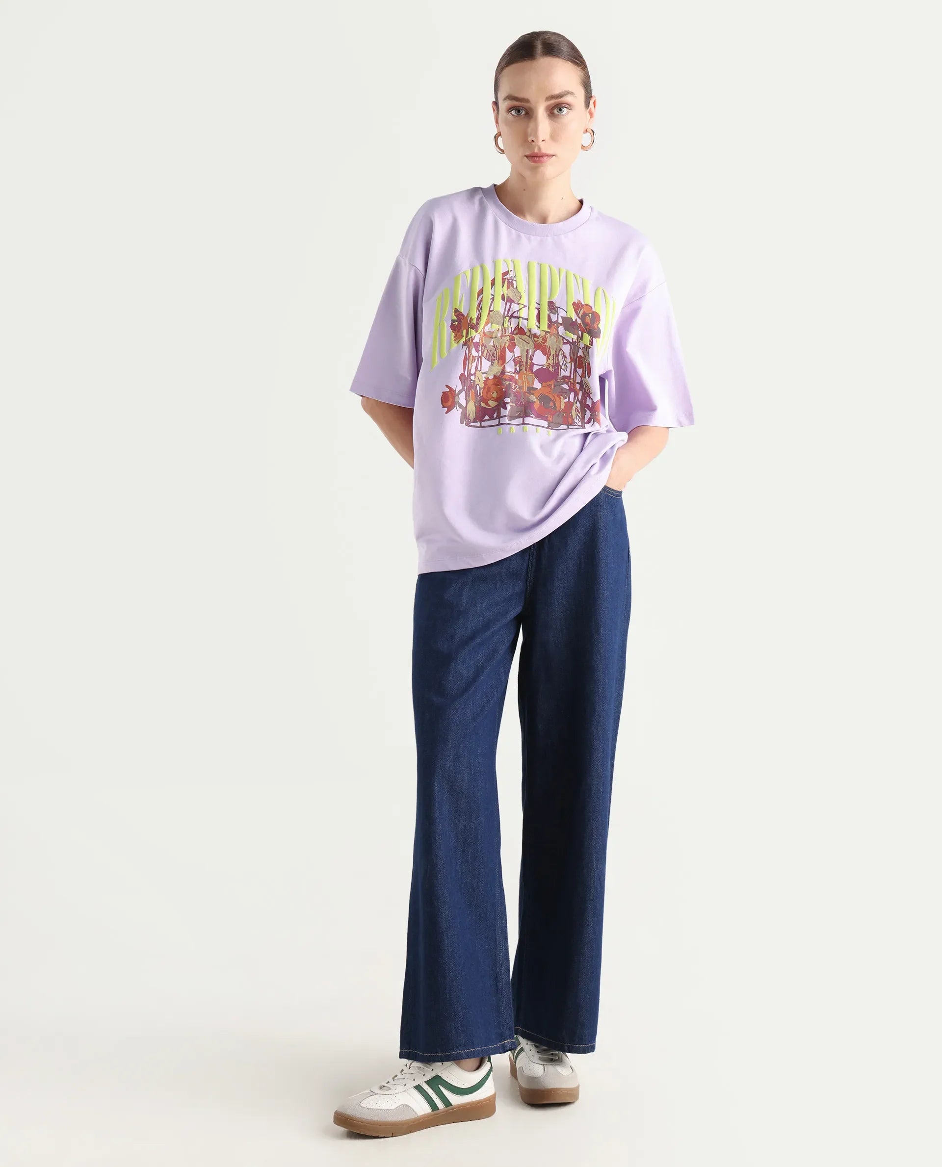 Rareism Women's Sler Light Purple Cotton Crew Neck Graphic Print Oversized T-Shirt