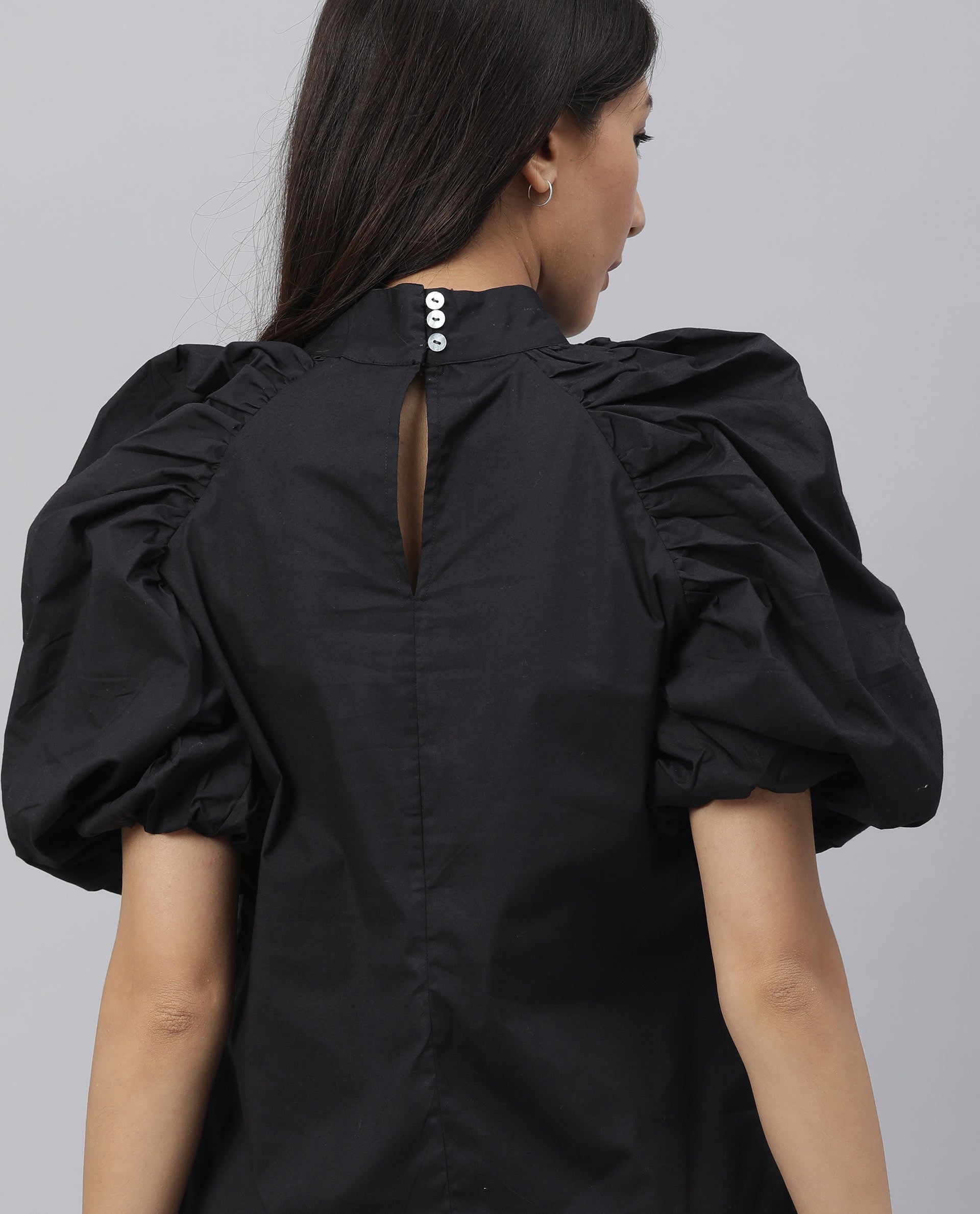Rareism Women Slosh Black Cotton Lycra Fabric Regular Fit Ruffled Neck Half Sleeves Solid Top