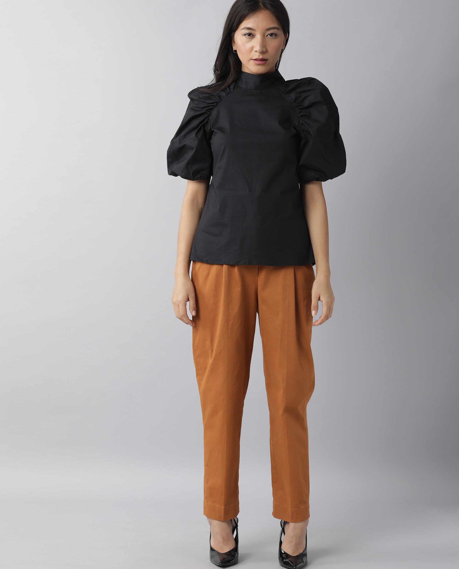 Rareism Women Slosh Black Cotton Lycra Fabric Regular Fit Ruffled Neck Half Sleeves Solid Top