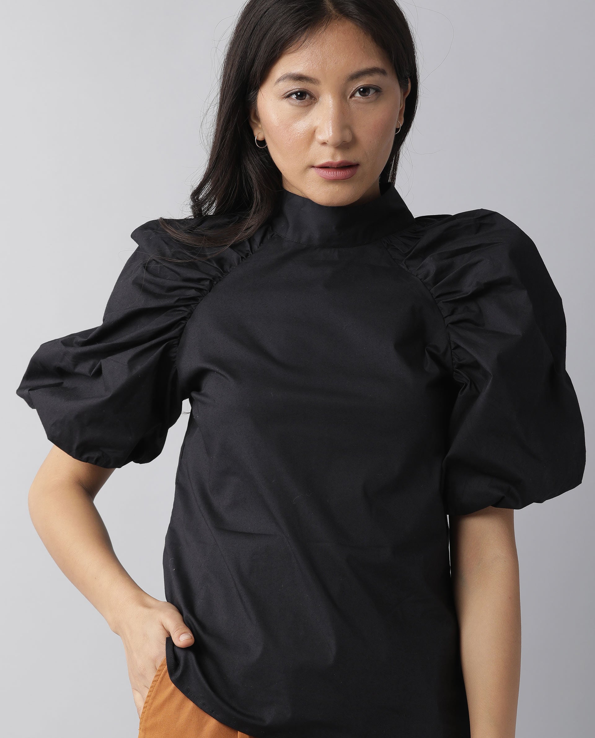 Rareism Women Slosh Black Cotton Lycra Fabric Regular Fit Ruffled Neck Half Sleeves Solid Top