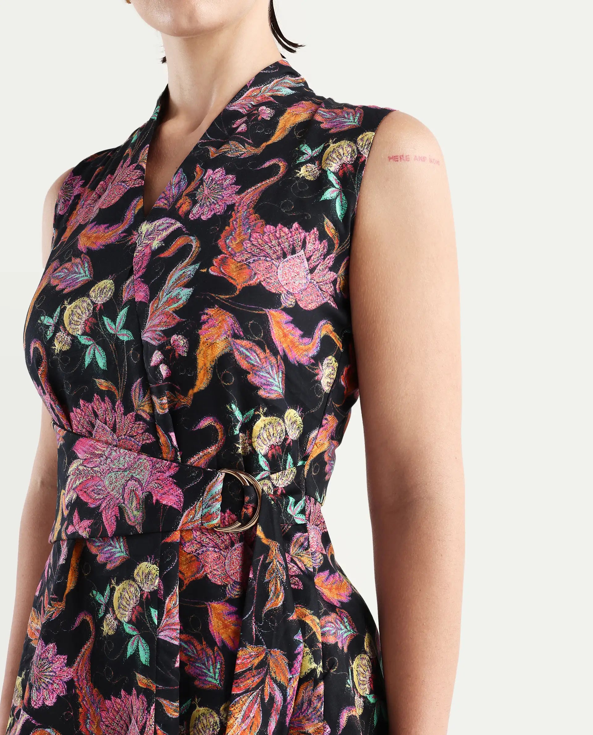 Rareism Women's Smitterg Dark Multi Cotton Blend Surplice Neck Abstract Print Sleeveless Regular Fit Top