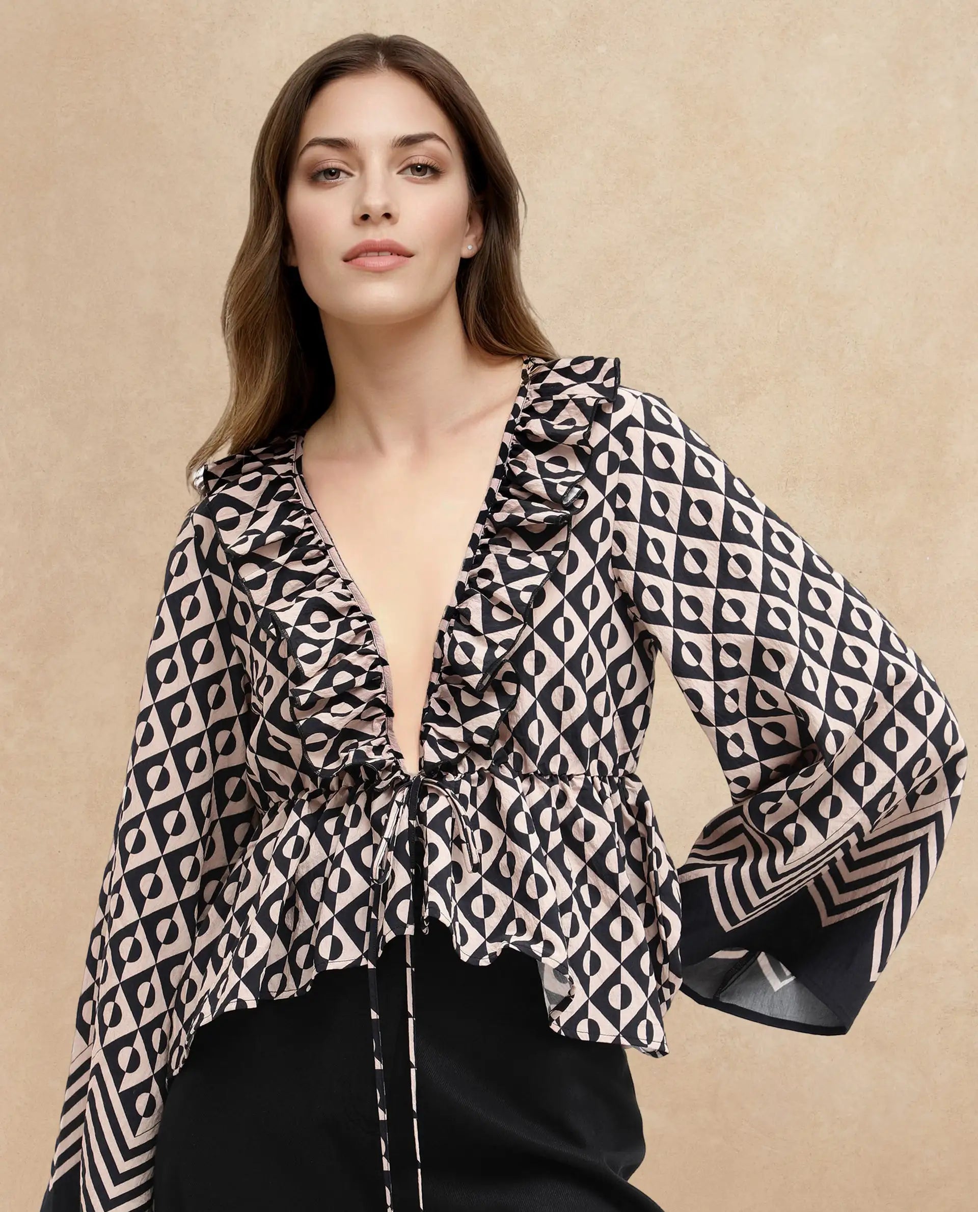 Rareism Women's Smor Black Viscose Blend Sweetheart Neck Geometric Print Bell Sleeve Regular Fit Top