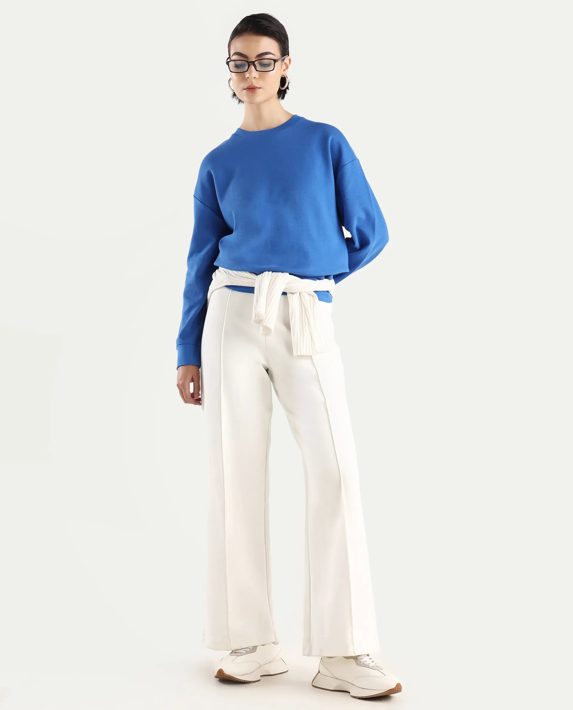 Rareism Women's Snappy Blue Cotton Blend Crew Neck Plain Relaxed Fit Sweatshirt