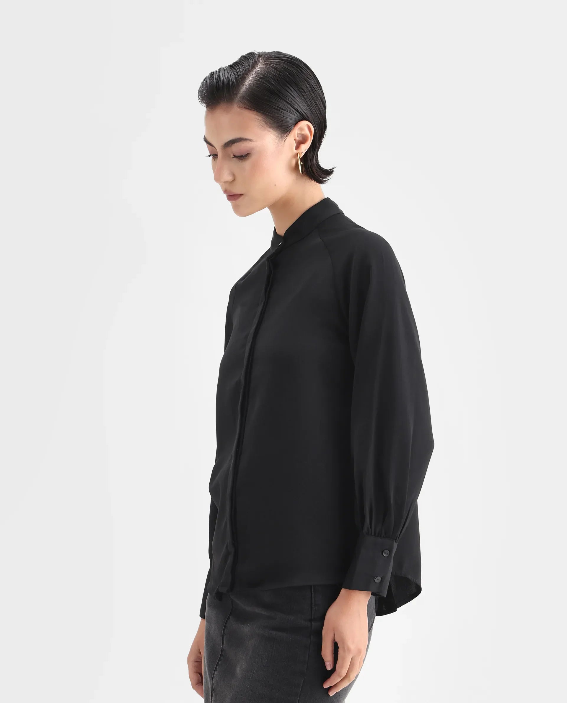 Rareism Women's Snera Black Polyester Blend Drop Collar Plain Cuffed Sleeve Regular Fit Top