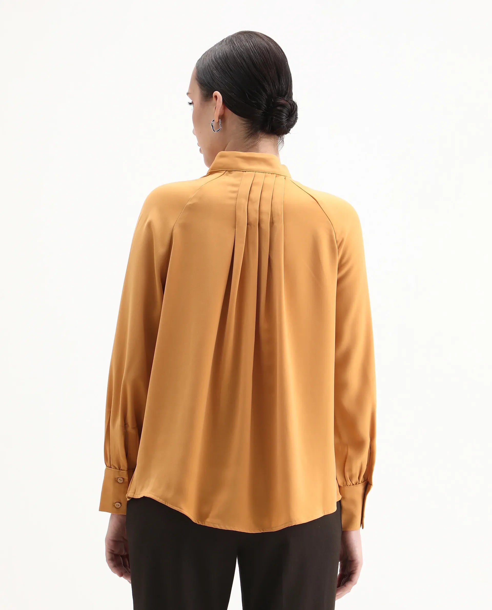 Rareism Women's Snera Yellow Polyester Blend Drop Collar Plain Cuffed Sleeve Regular Fit Top