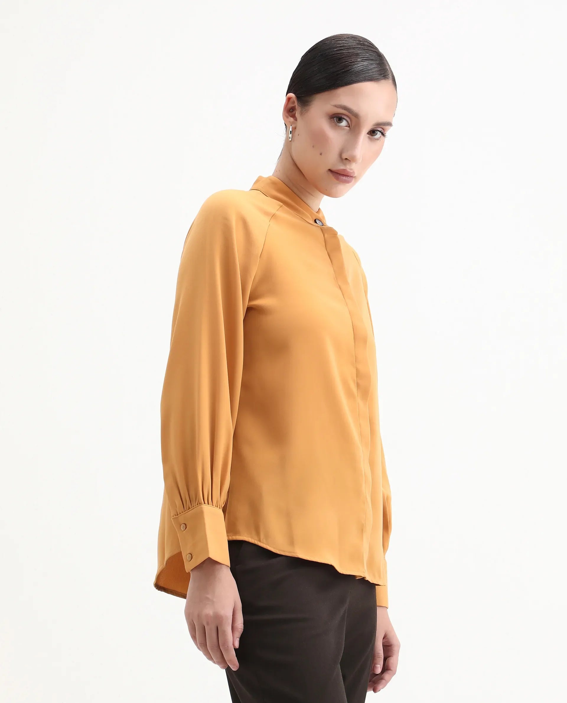 Rareism Women's Snera Yellow Polyester Blend Drop Collar Plain Cuffed Sleeve Regular Fit Top