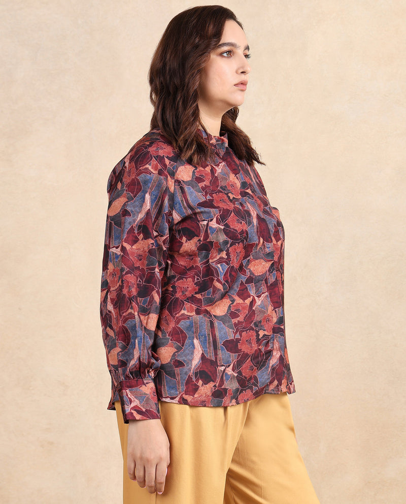 Rareism Women Snery Dark Multi Polyester Fabric Cuffed Sleeve Collared Neck Button Closure Floral Print Top