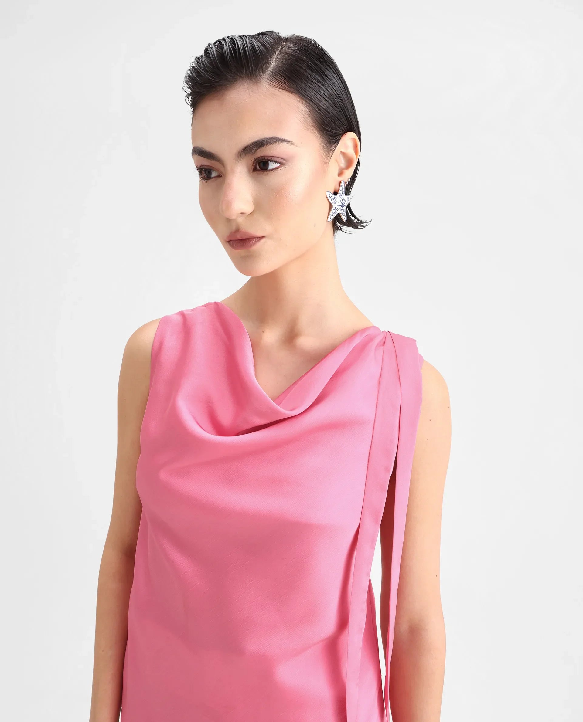 Rareism Women's Snicketti Pink Satin Cowl Neck Plain Sleeveless Regular Fit Top