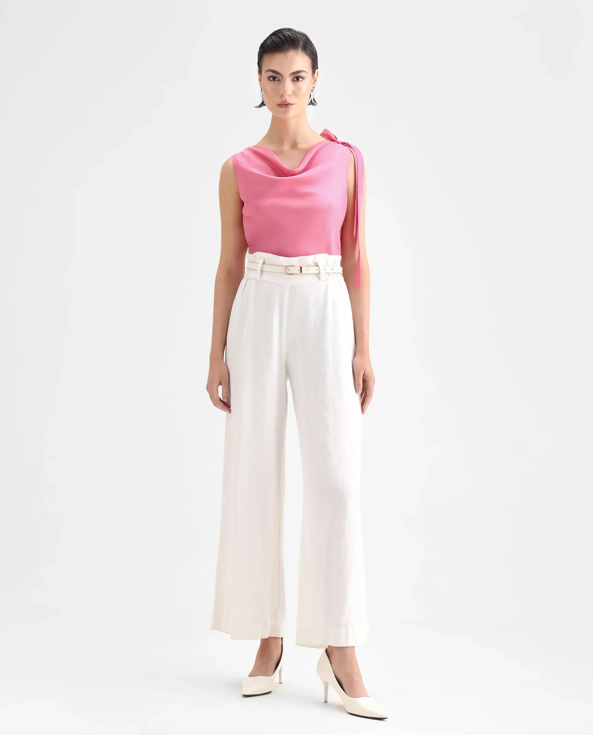 Rareism Women's Snicketti Pink Satin Cowl Neck Plain Sleeveless Regular Fit Top