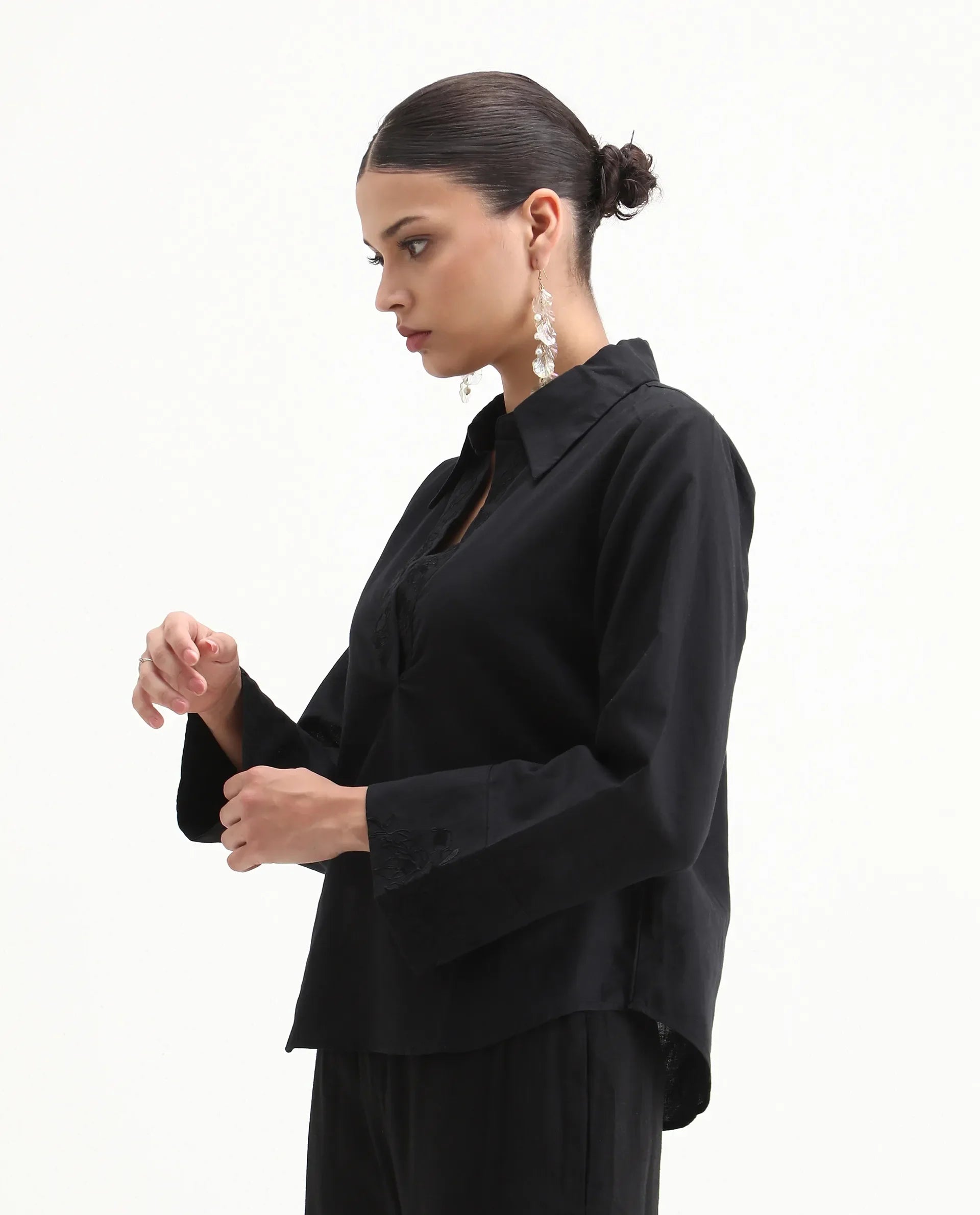 Rareism Women's Sofian Black Cotton Blend Drop Collar Plain Bell Sleeve Relaxed Fit Top