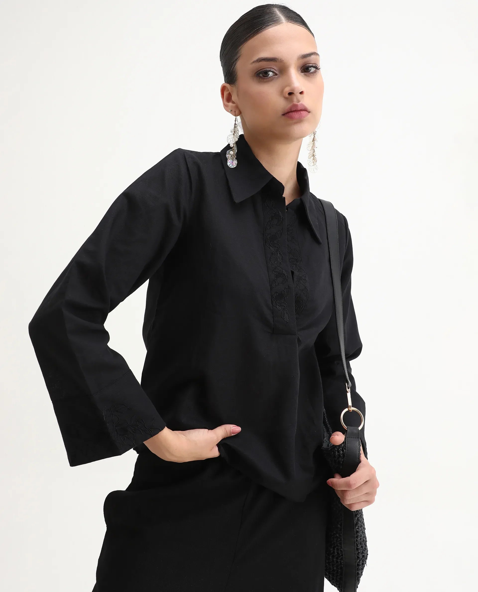 Rareism Women's Sofian Black Cotton Blend Drop Collar Plain Bell Sleeve Relaxed Fit Top