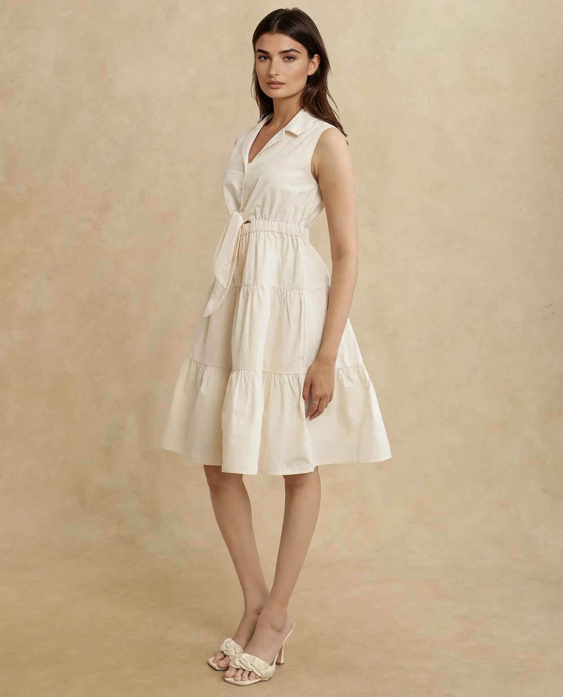 Rareism Women Somaka Beige Cotton Fabric Sleeveless Collared Neck Button Closure Fit And Flare Mini Plain Dress